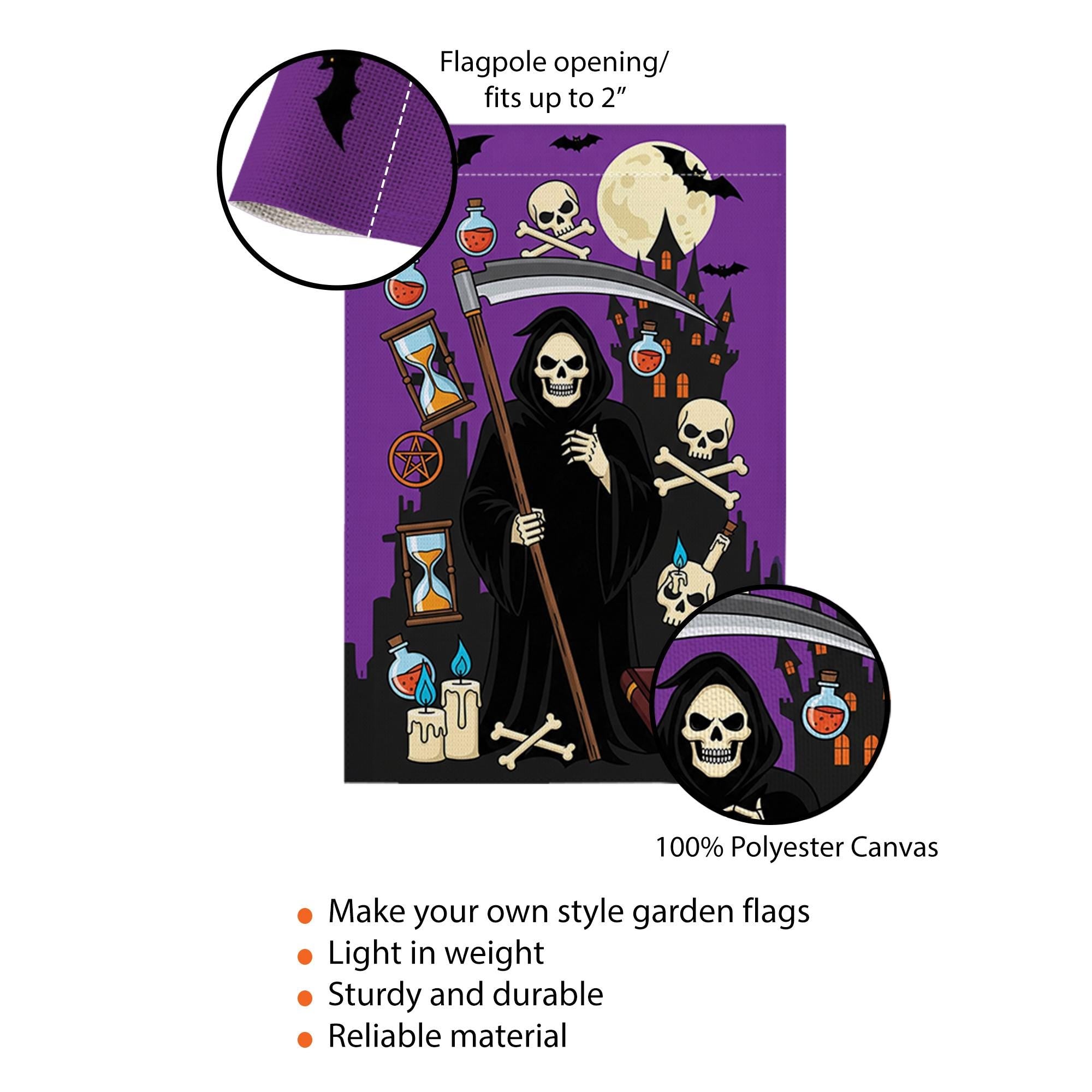 Grim Reaper Halloween Garden Flag | Spooky Skeleton Yard Banner | Gothic Outdoor Holiday Decor | Scary Fall House Flag