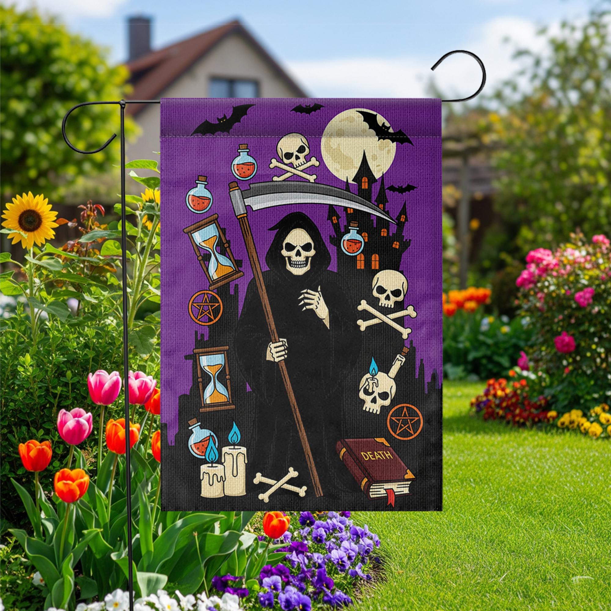 Grim Reaper Halloween Garden Flag | Spooky Skeleton Yard Banner | Gothic Outdoor Holiday Decor | Scary Fall House Flag