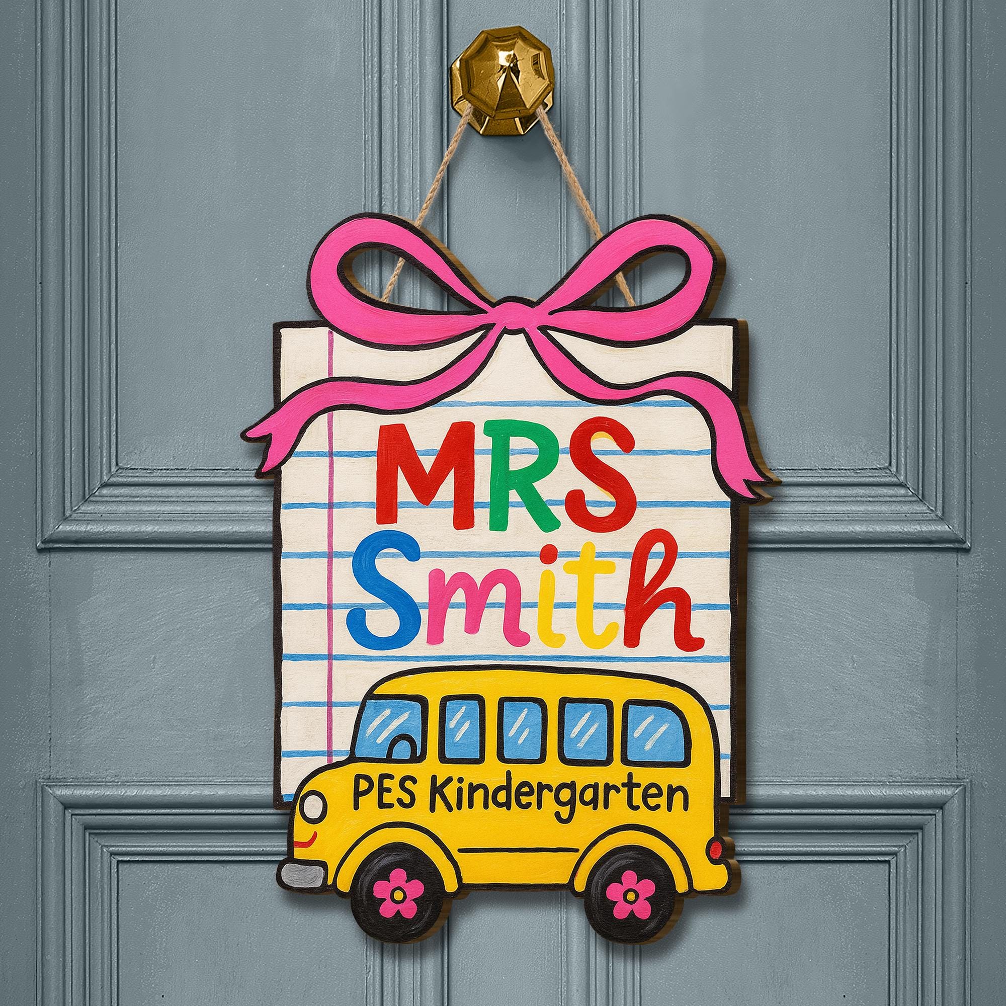 Custom Teacher Door Sign, School Bus Classroom Wooden Hanger, Kindergarten Name Plaque, Back to School Decor for Teachers