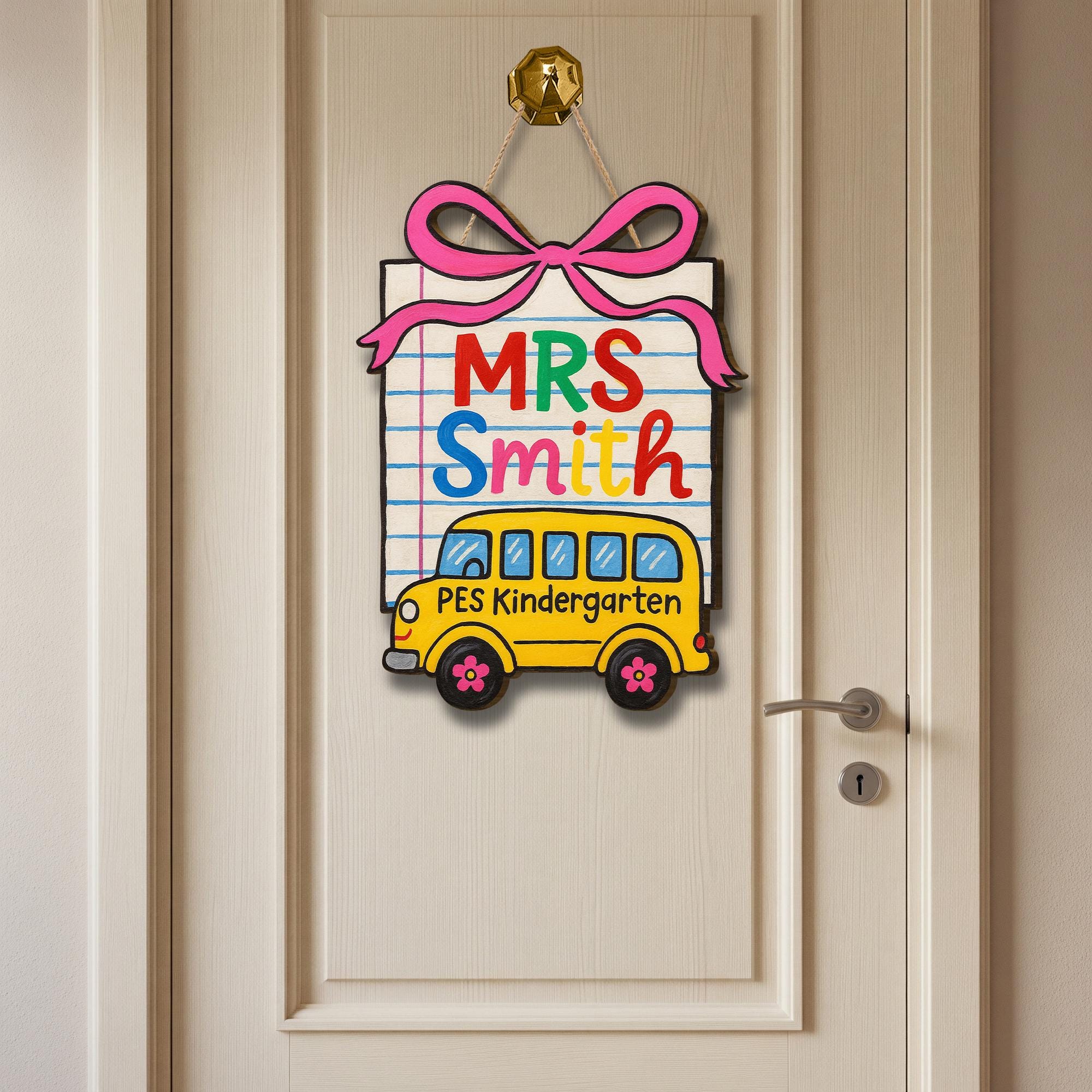 Custom Teacher Door Sign, School Bus Classroom Wooden Hanger, Kindergarten Name Plaque, Back to School Decor for Teachers