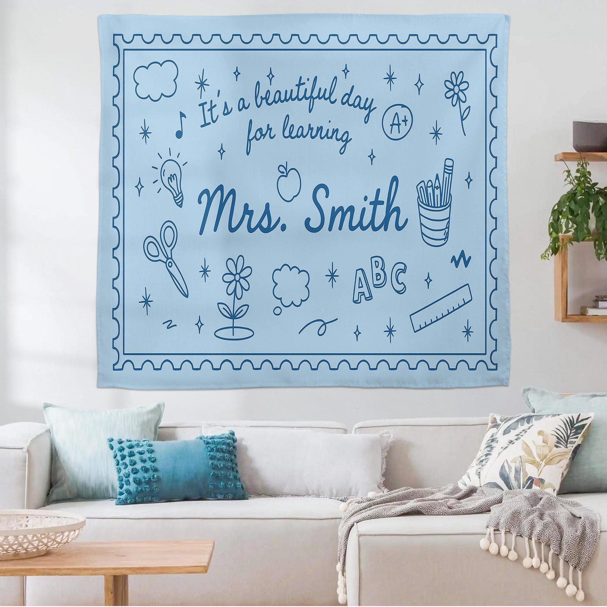 Personalized Teacher Tapestry, Classroom Wall Decor with Name, It's a Beautiful Day for Learning Banner, Teacher Backdrop Sign