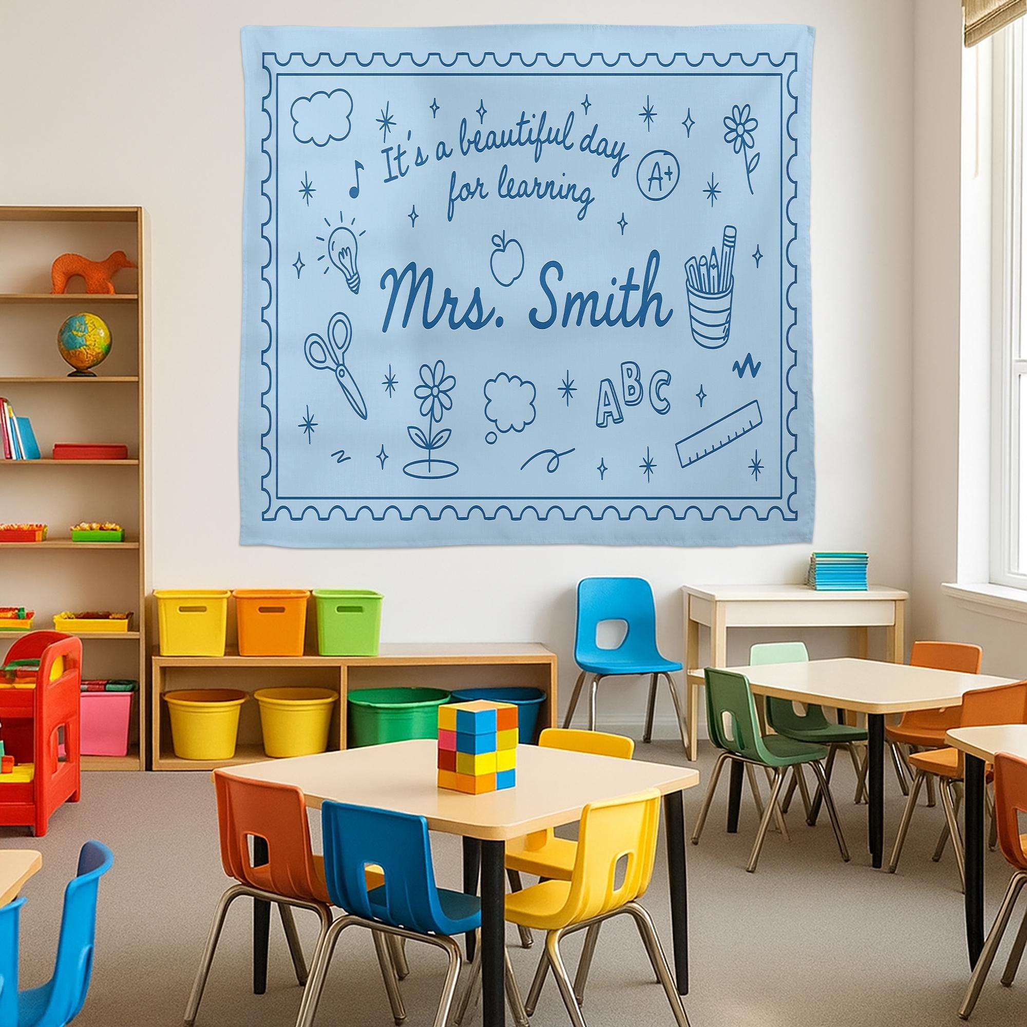 Personalized Teacher Tapestry, Classroom Wall Decor with Name, It's a Beautiful Day for Learning Banner, Teacher Backdrop Sign