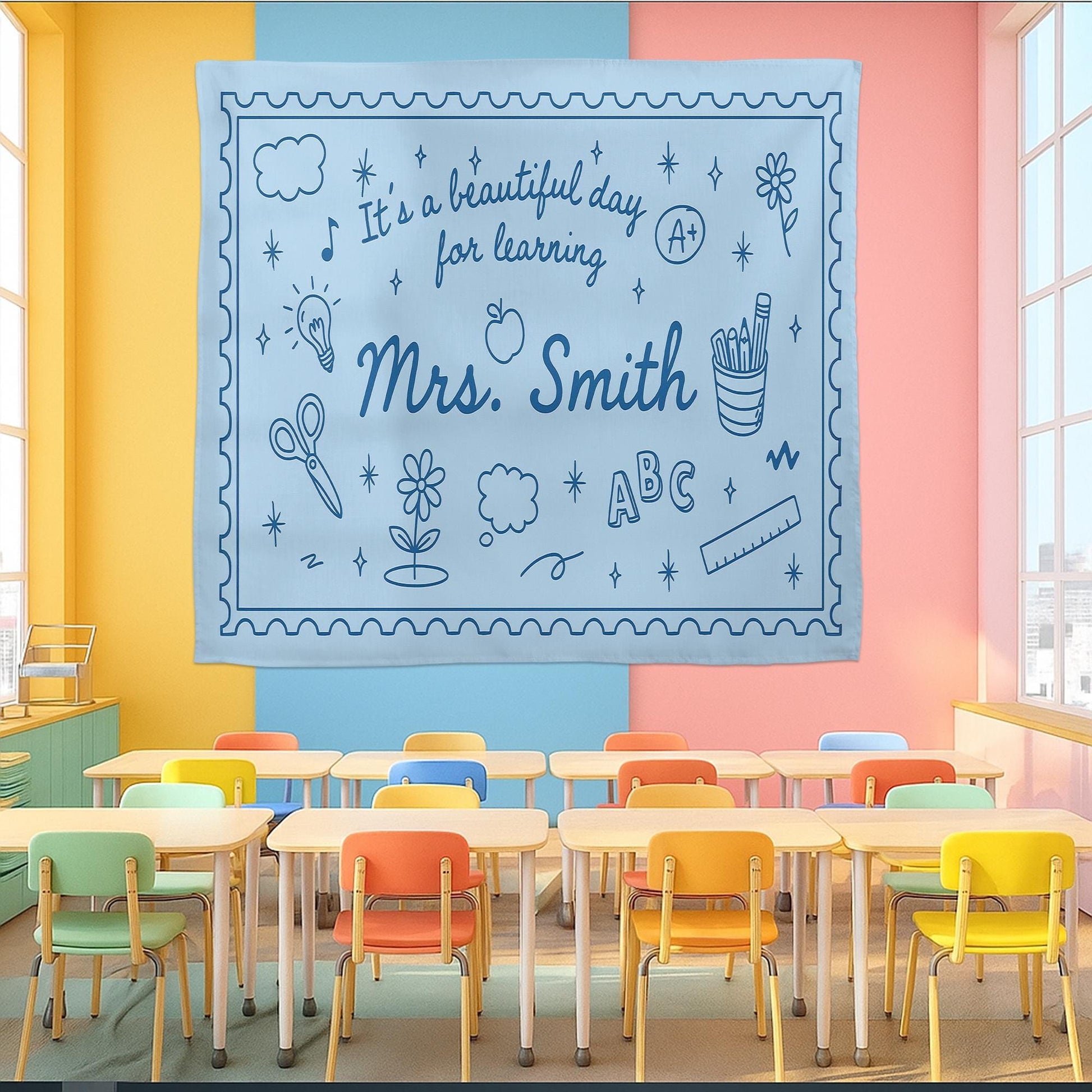 Personalized Teacher Tapestry, Classroom Wall Decor with Name, It's a Beautiful Day for Learning Banner, Teacher Backdrop Sign