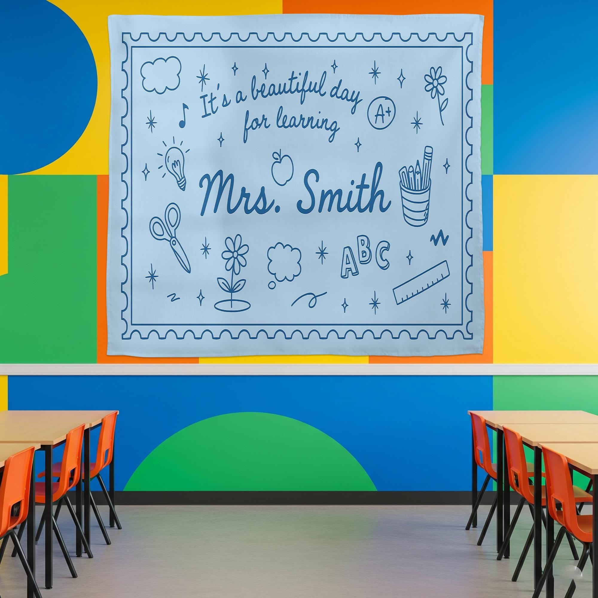 Personalized Teacher Tapestry, Classroom Wall Decor with Name, It's a Beautiful Day for Learning Banner, Teacher Backdrop Sign
