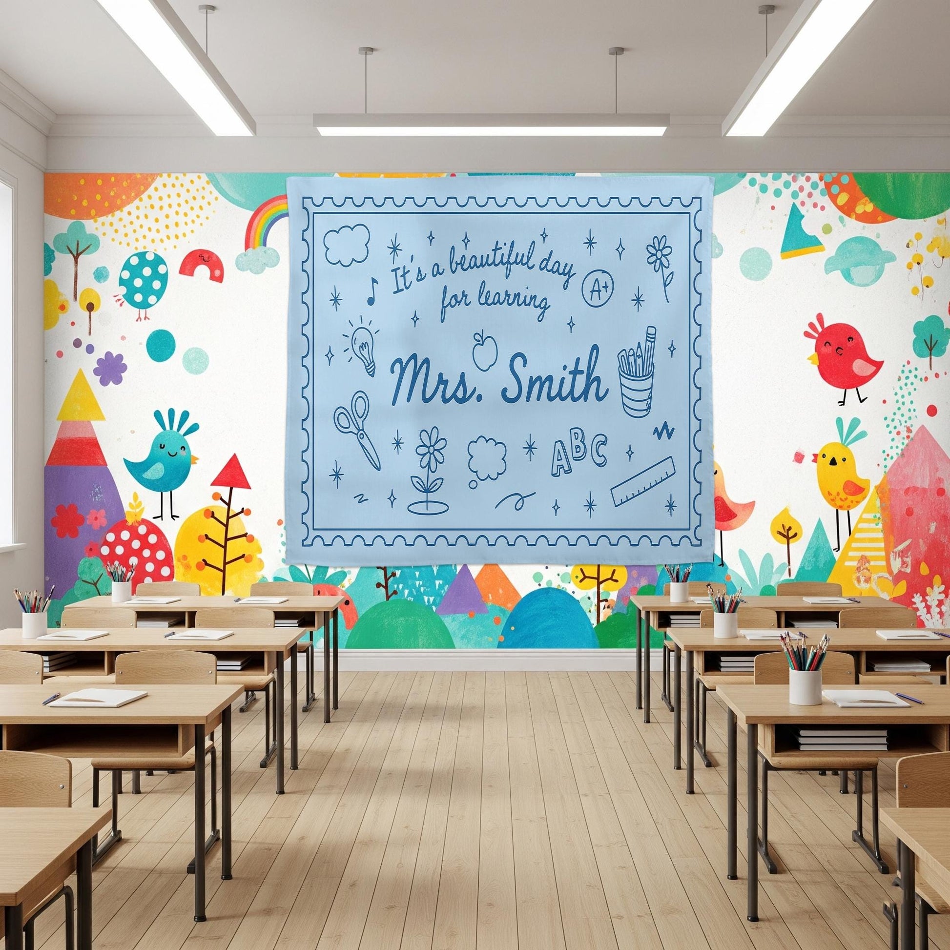 Personalized Teacher Tapestry, Classroom Wall Decor with Name, It's a Beautiful Day for Learning Banner, Teacher Backdrop Sign