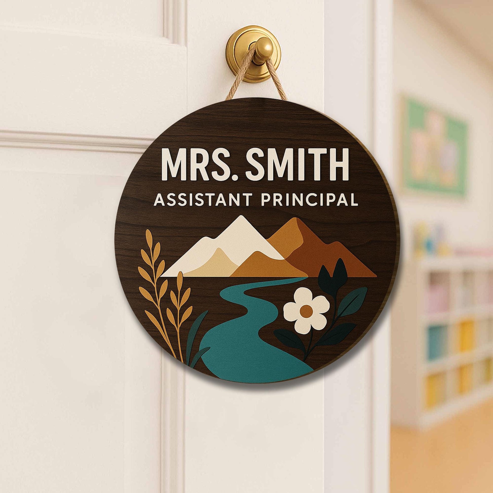 Assistant Principal Door Sign, Custom Name Round Wooden Plaque, School Office Decor, Mountain Nature Design, Staff Gift Idea