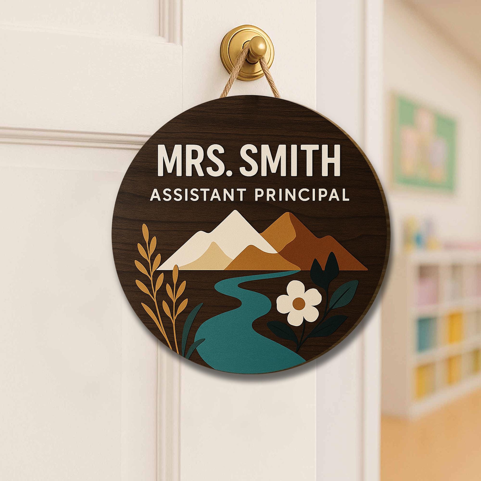 Assistant Principal Door Sign, Custom Name Round Wooden Plaque, School Office Decor, Mountain Nature Design, Staff Gift Idea