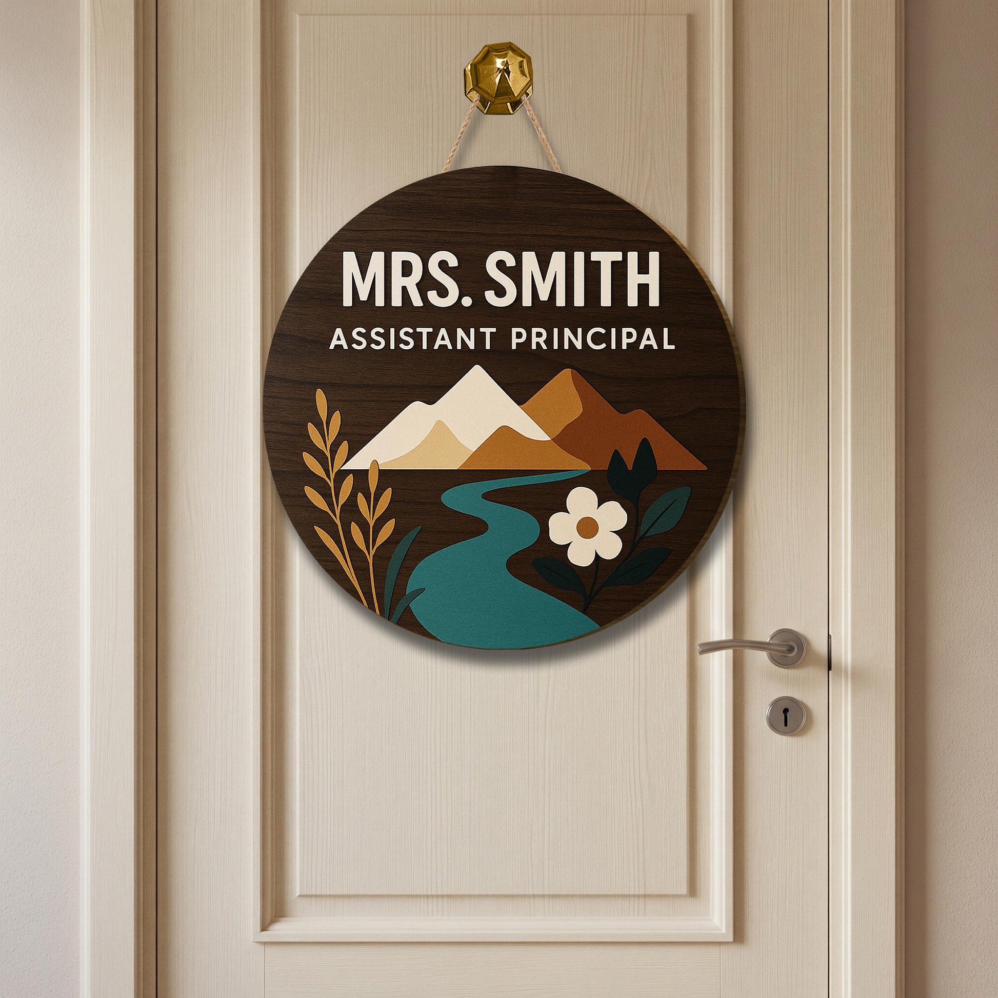 Assistant Principal Door Sign, Custom Name Round Wooden Plaque, School Office Decor, Mountain Nature Design, Staff Gift Idea