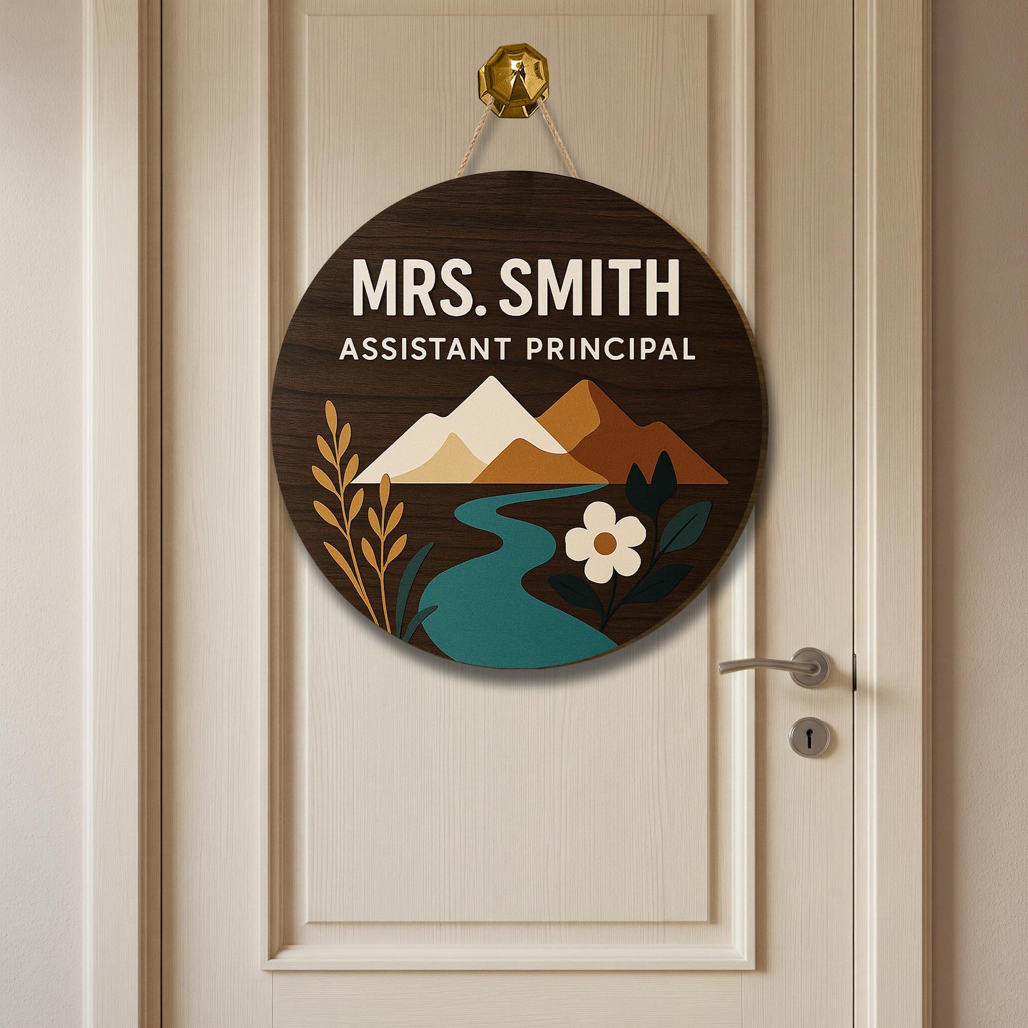 Assistant Principal Door Sign, Custom Name Round Wooden Plaque, School Office Decor, Mountain Nature Design, Staff Gift Idea