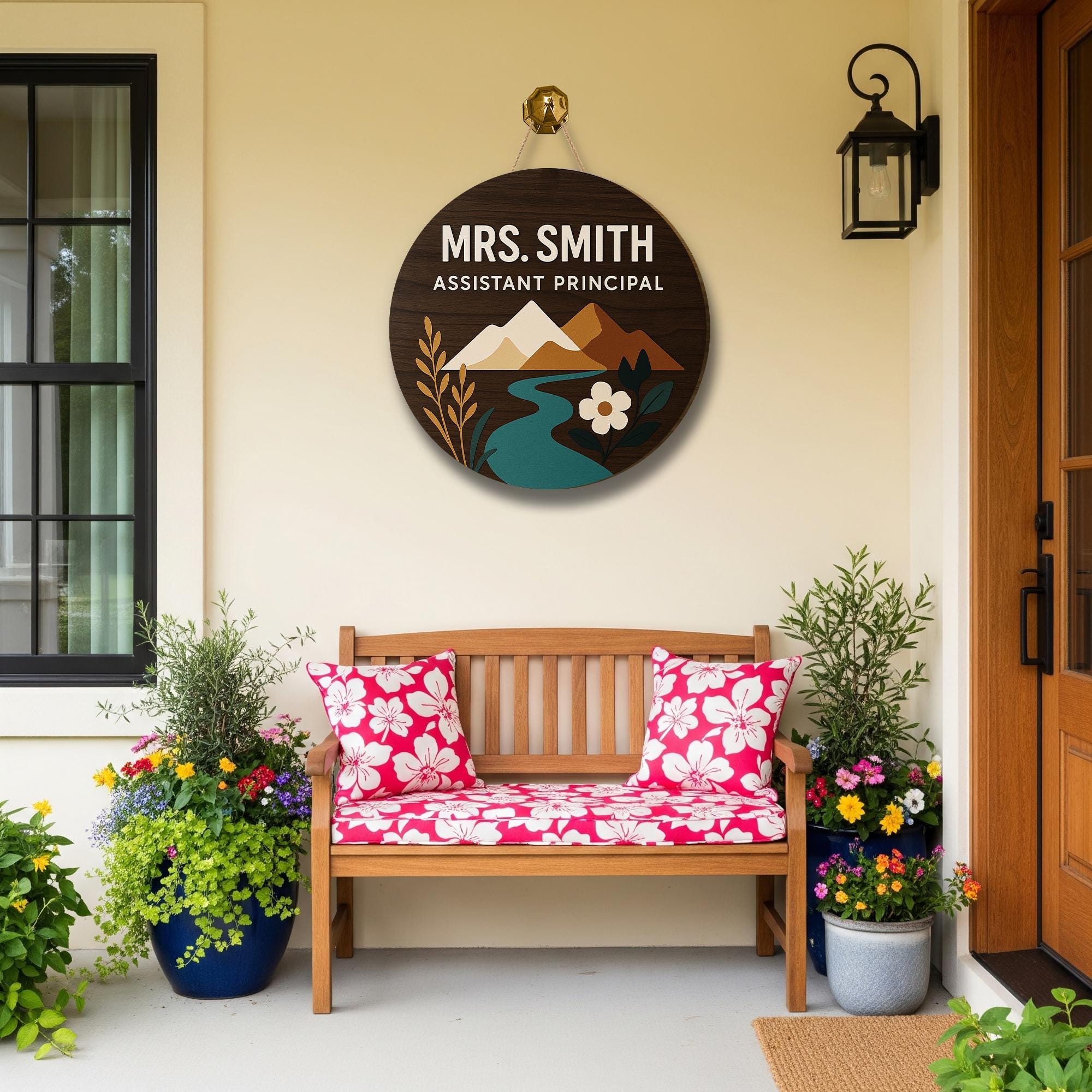 Assistant Principal Door Sign, Custom Name Round Wooden Plaque, School Office Decor, Mountain Nature Design, Staff Gift Idea