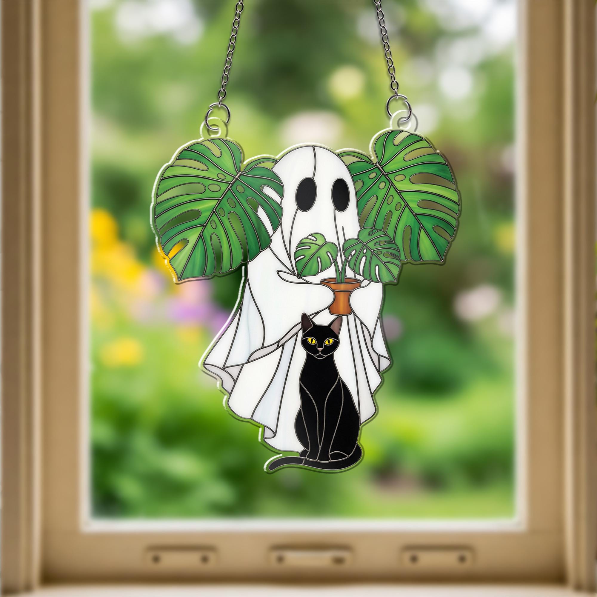 Ghost and Black Cat ACRYLIC Window Hanging – Monstera Plant Window Decor – Spooky Cute Halloween Ghost Window Hanging, Ghost Plant Art