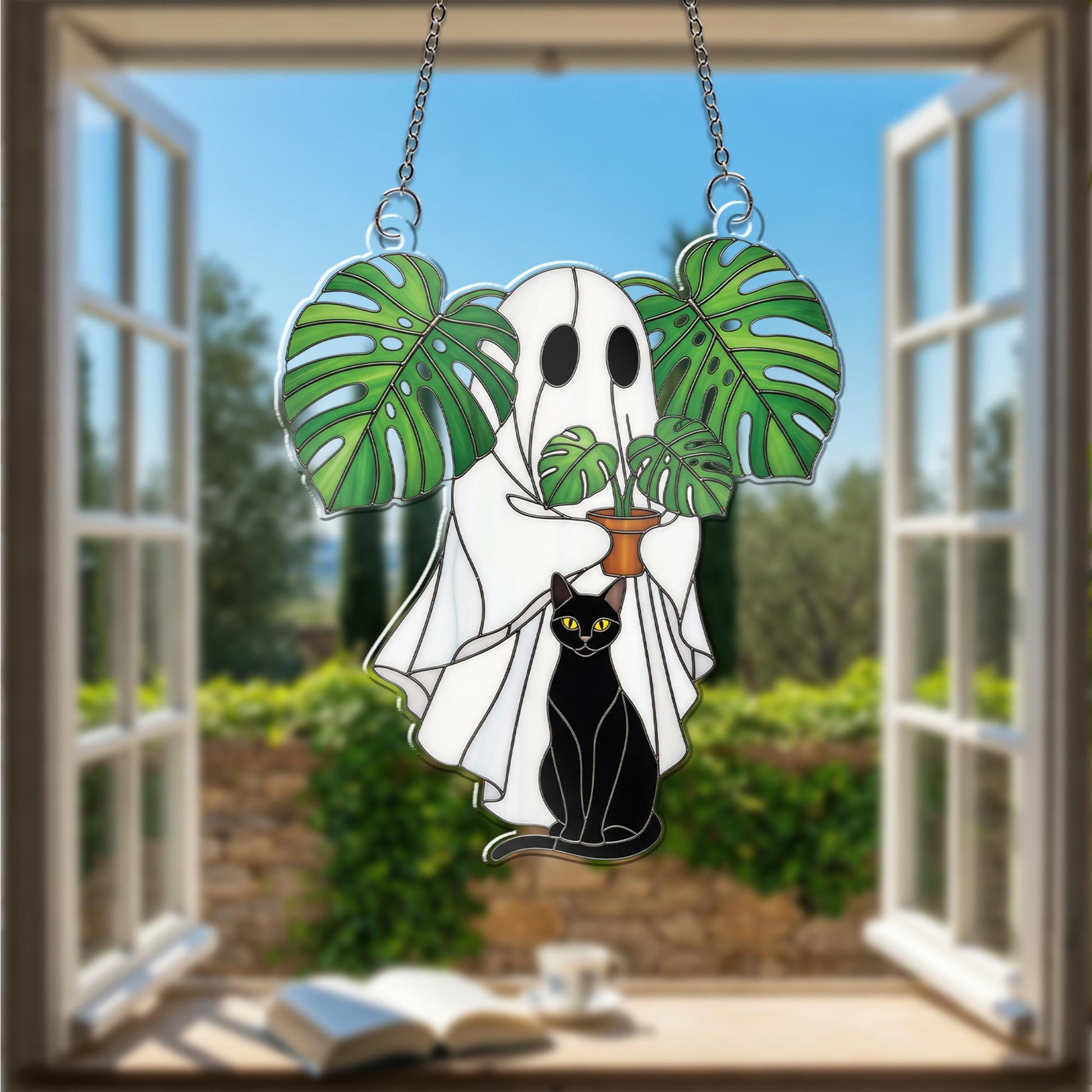 Ghost and Black Cat ACRYLIC Window Hanging – Monstera Plant Window Decor – Spooky Cute Halloween Ghost Window Hanging, Ghost Plant Art