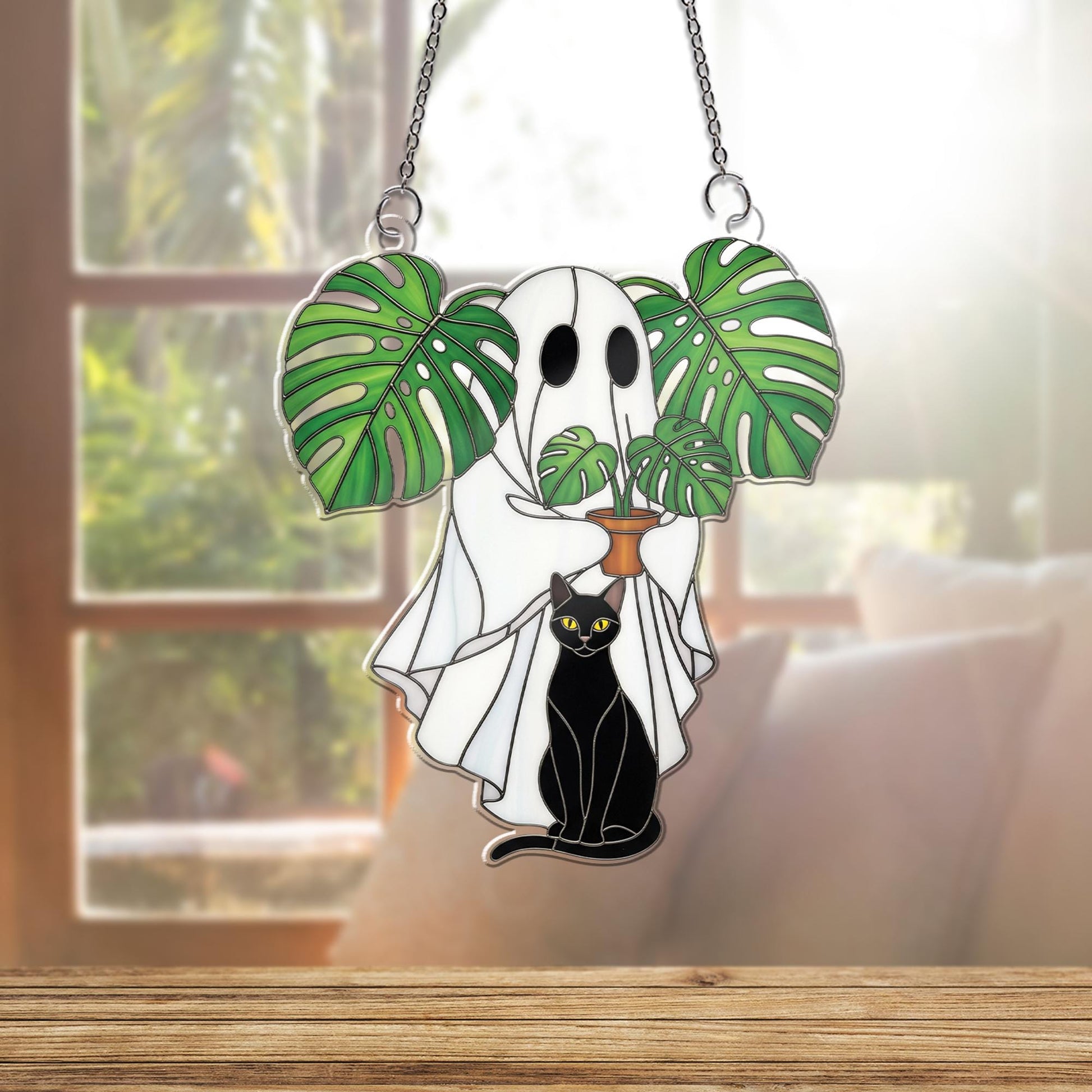 Ghost and Black Cat ACRYLIC Window Hanging – Monstera Plant Window Decor – Spooky Cute Halloween Ghost Window Hanging, Ghost Plant Art