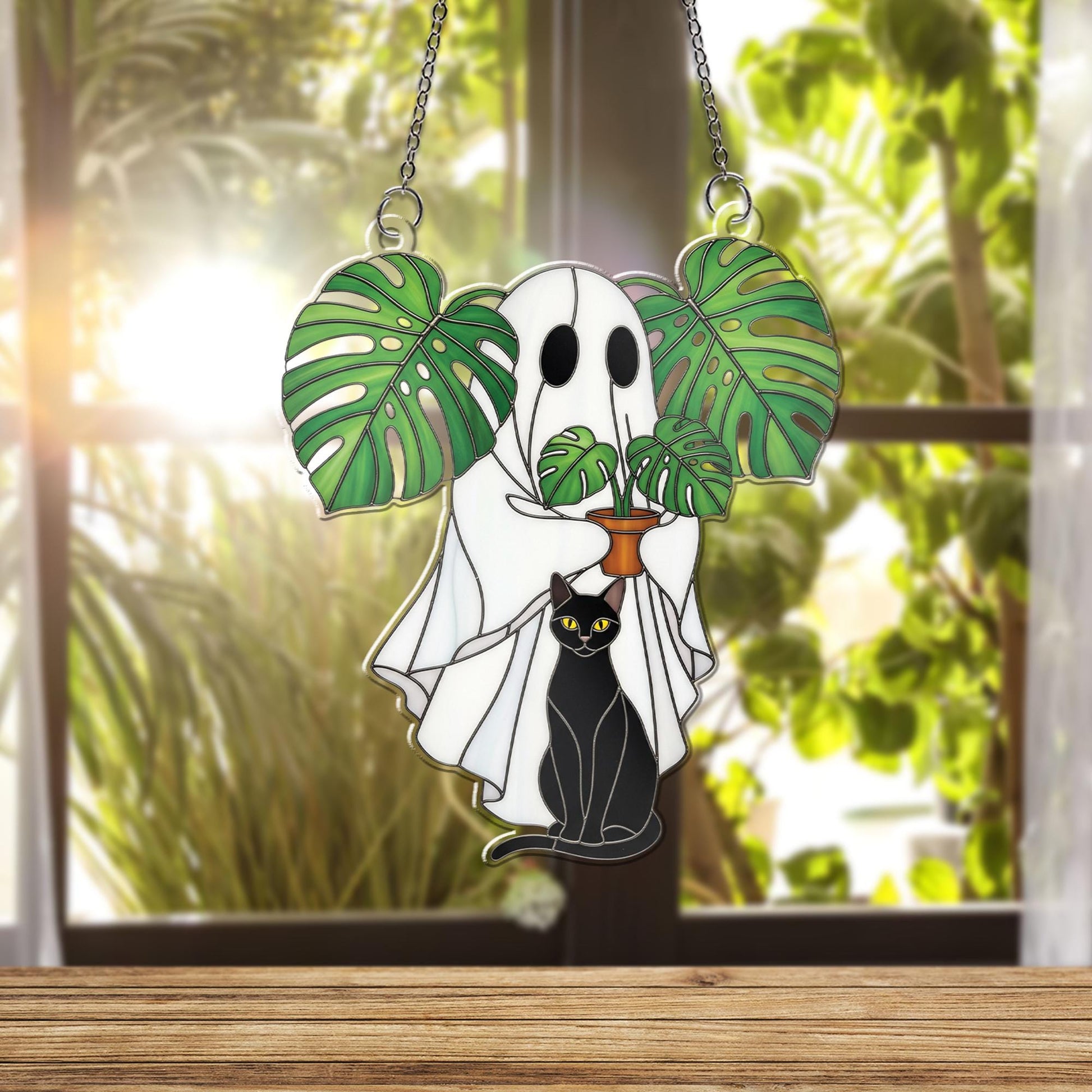 Ghost and Black Cat ACRYLIC Window Hanging – Monstera Plant Window Decor – Spooky Cute Halloween Ghost Window Hanging, Ghost Plant Art