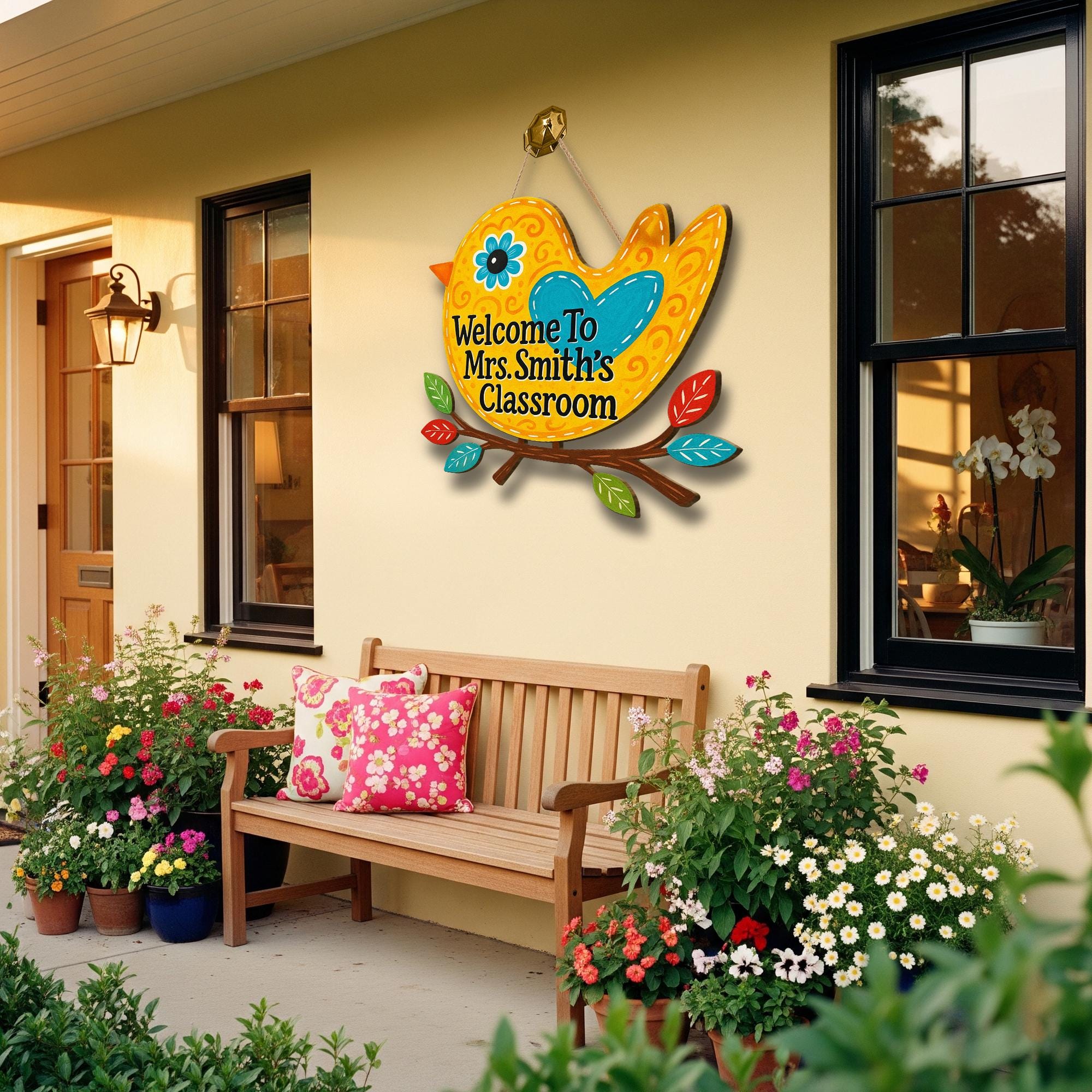 Welcome to Classroom Wooden Sign, Bird Teacher Door Hanger, Colorful Custom Name Plaque, Back to School Classroom Decor Gift