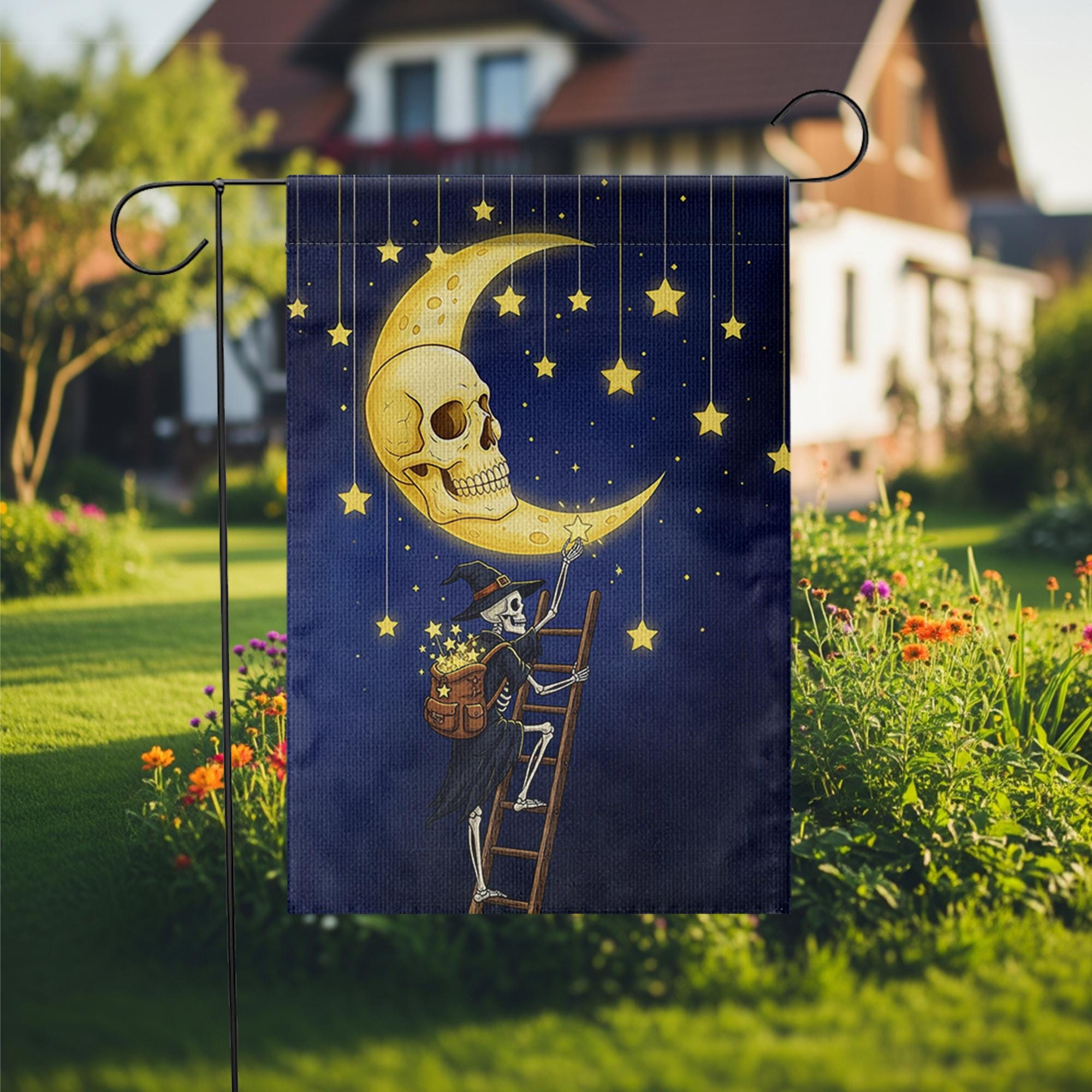 Skeleton Witch Halloween Garden Flag, Moon Skull Starry Night Banner, Spooky Fall Outdoor Yard Decor, Magical Witch Skeleton Sign