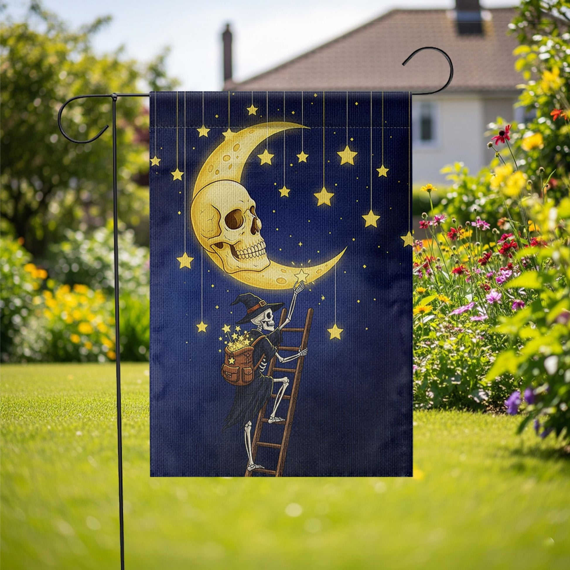Skeleton Witch Halloween Garden Flag, Moon Skull Starry Night Banner, Spooky Fall Outdoor Yard Decor, Magical Witch Skeleton Sign