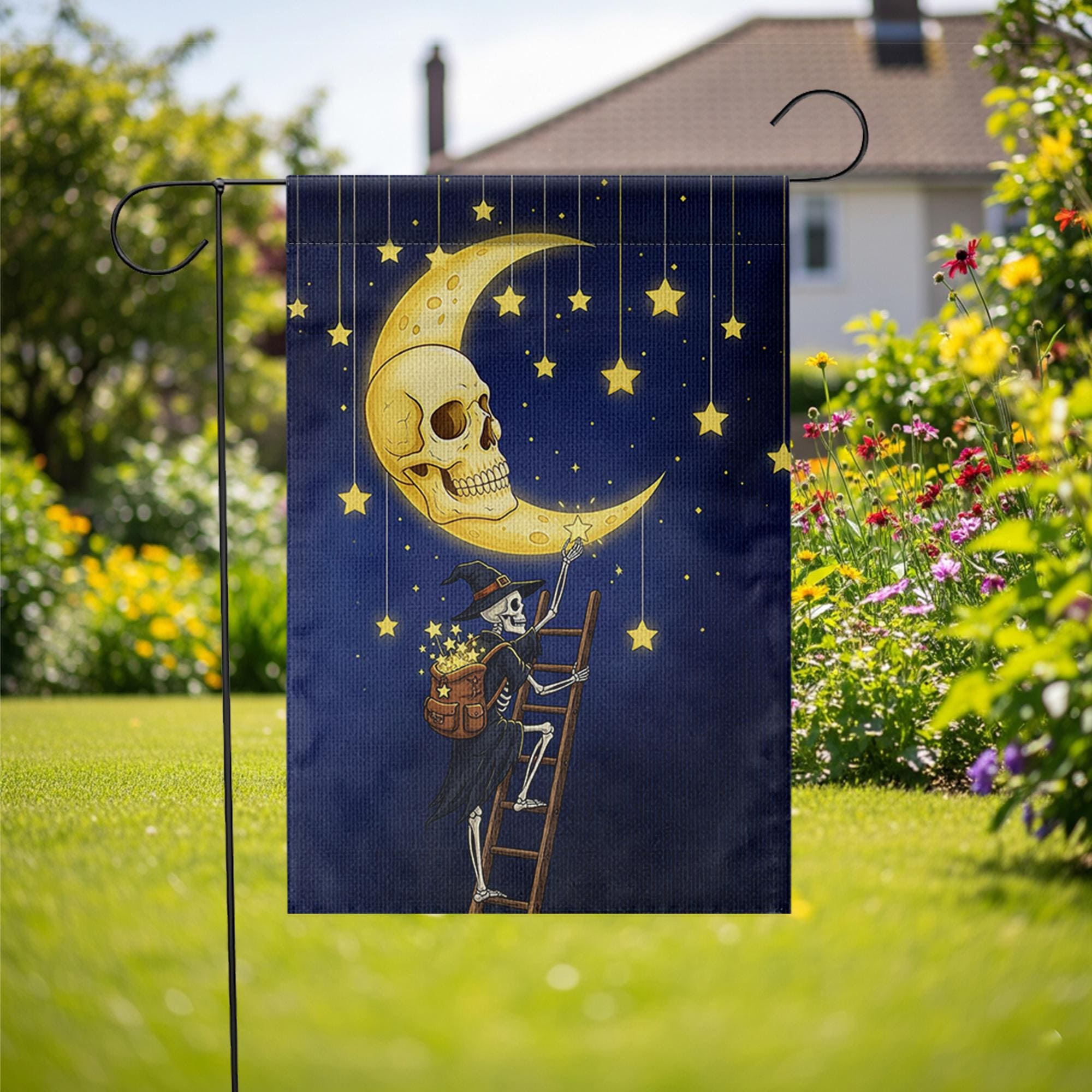 Skeleton Witch Halloween Garden Flag, Moon Skull Starry Night Banner, Spooky Fall Outdoor Yard Decor, Magical Witch Skeleton Sign
