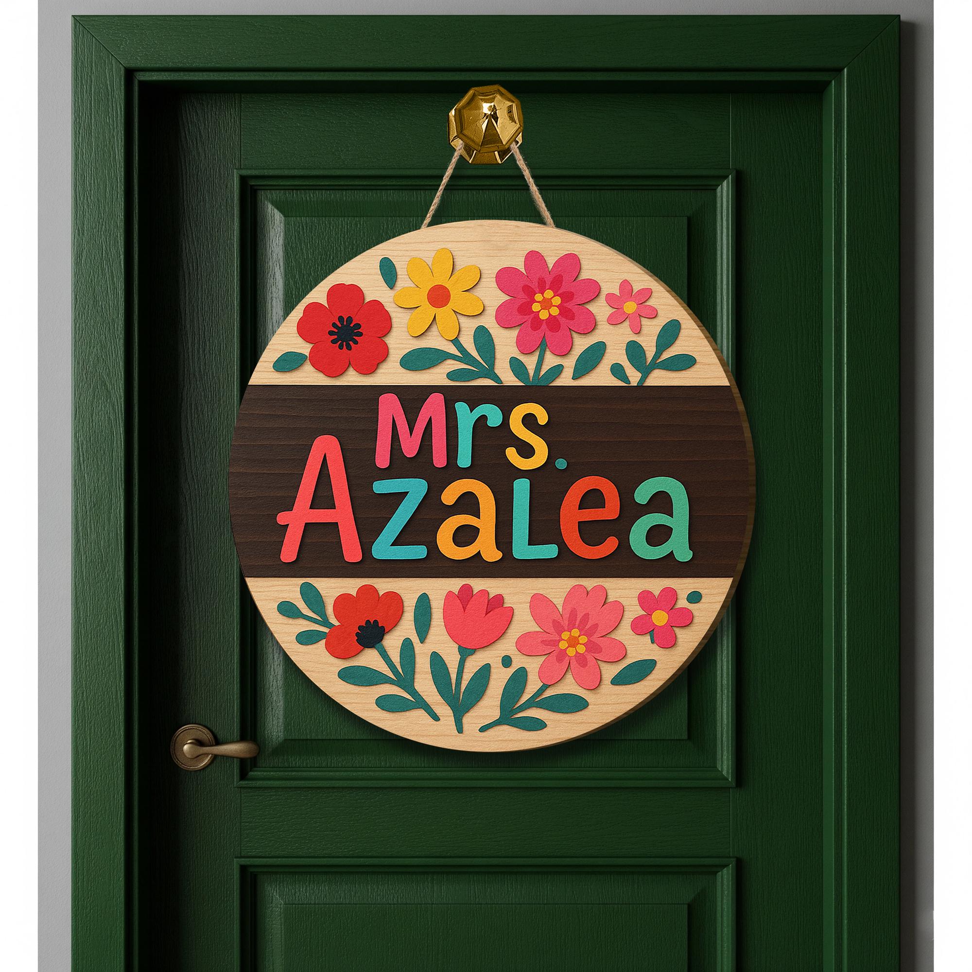 Custom Teacher Door Sign, Floral Round Wooden Name Plaque, Classroom Wall Decor, Back to School Gift, Colorful Educator Hanger