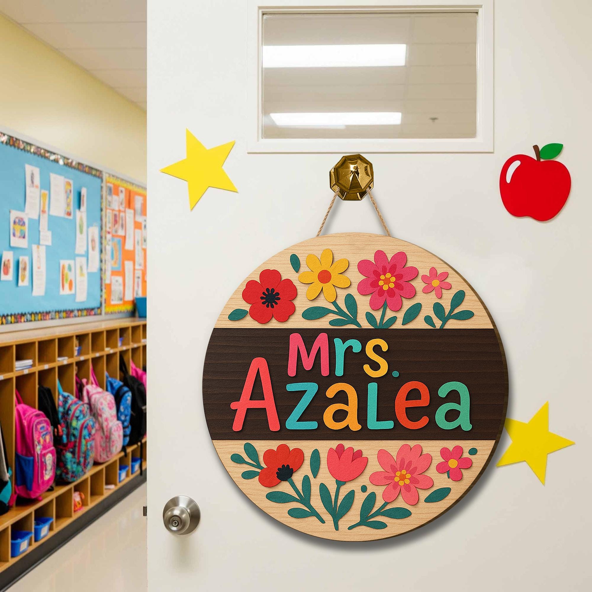 Custom Teacher Door Sign, Floral Round Wooden Name Plaque, Classroom Wall Decor, Back to School Gift, Colorful Educator Hanger