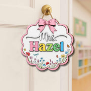 Personalized Teacher Door Sign – Floral Classroom Name Sign with Bow – Custom Back to School Decor for Teachers, Educators, Classroom Decor