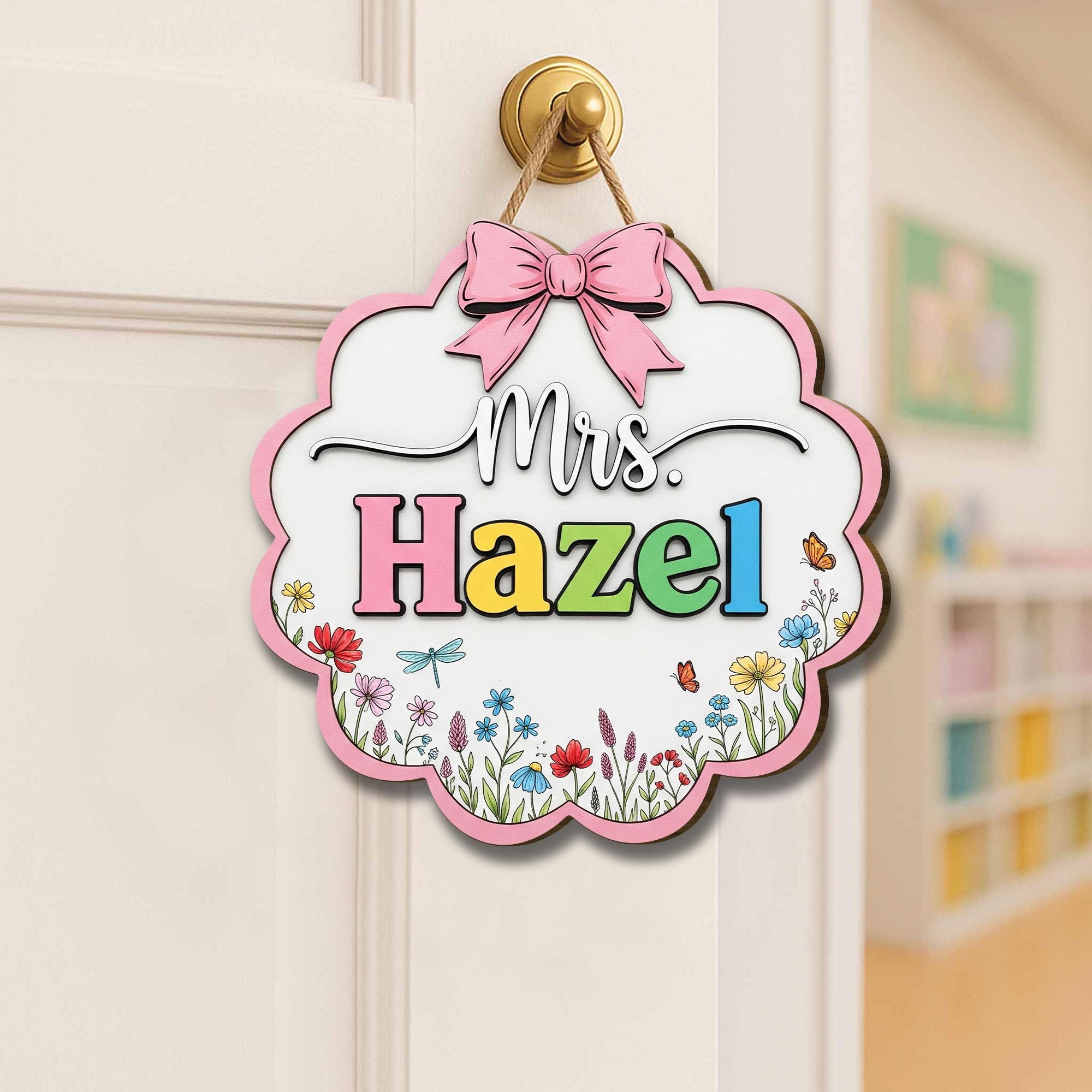 Personalized Teacher Door Sign – Floral Classroom Name Sign with Bow – Custom Back to School Decor for Teachers, Educators, Classroom Decor