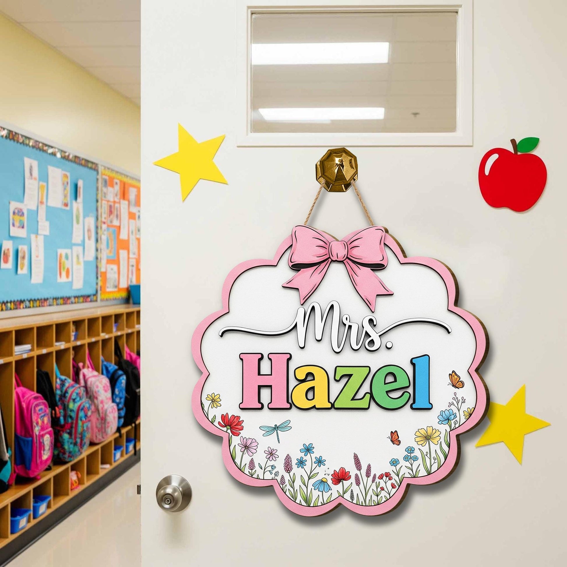 Personalized Teacher Door Sign – Floral Classroom Name Sign with Bow – Custom Back to School Decor for Teachers, Educators, Classroom Decor