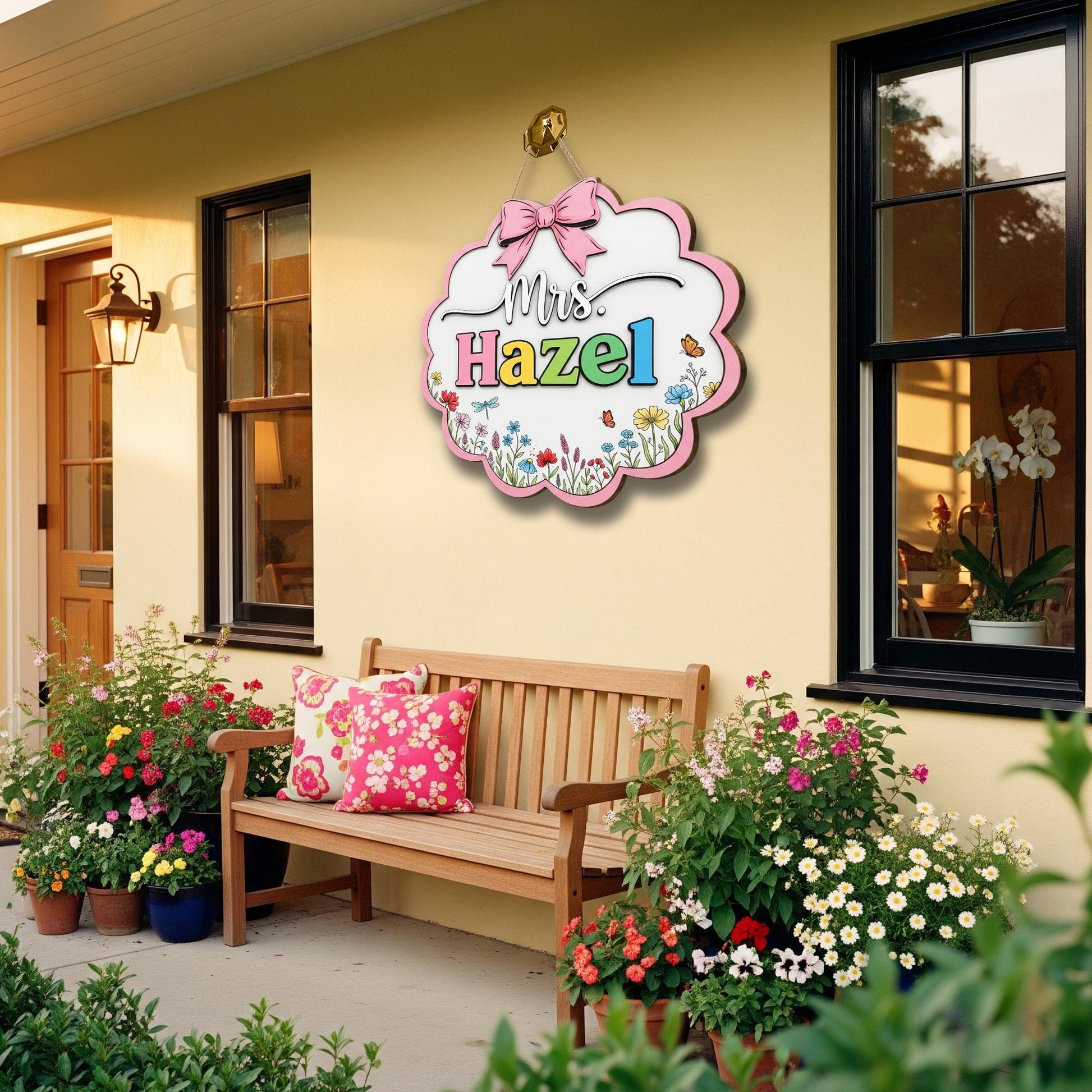 Personalized Teacher Door Sign – Floral Classroom Name Sign with Bow – Custom Back to School Decor for Teachers, Educators, Classroom Decor