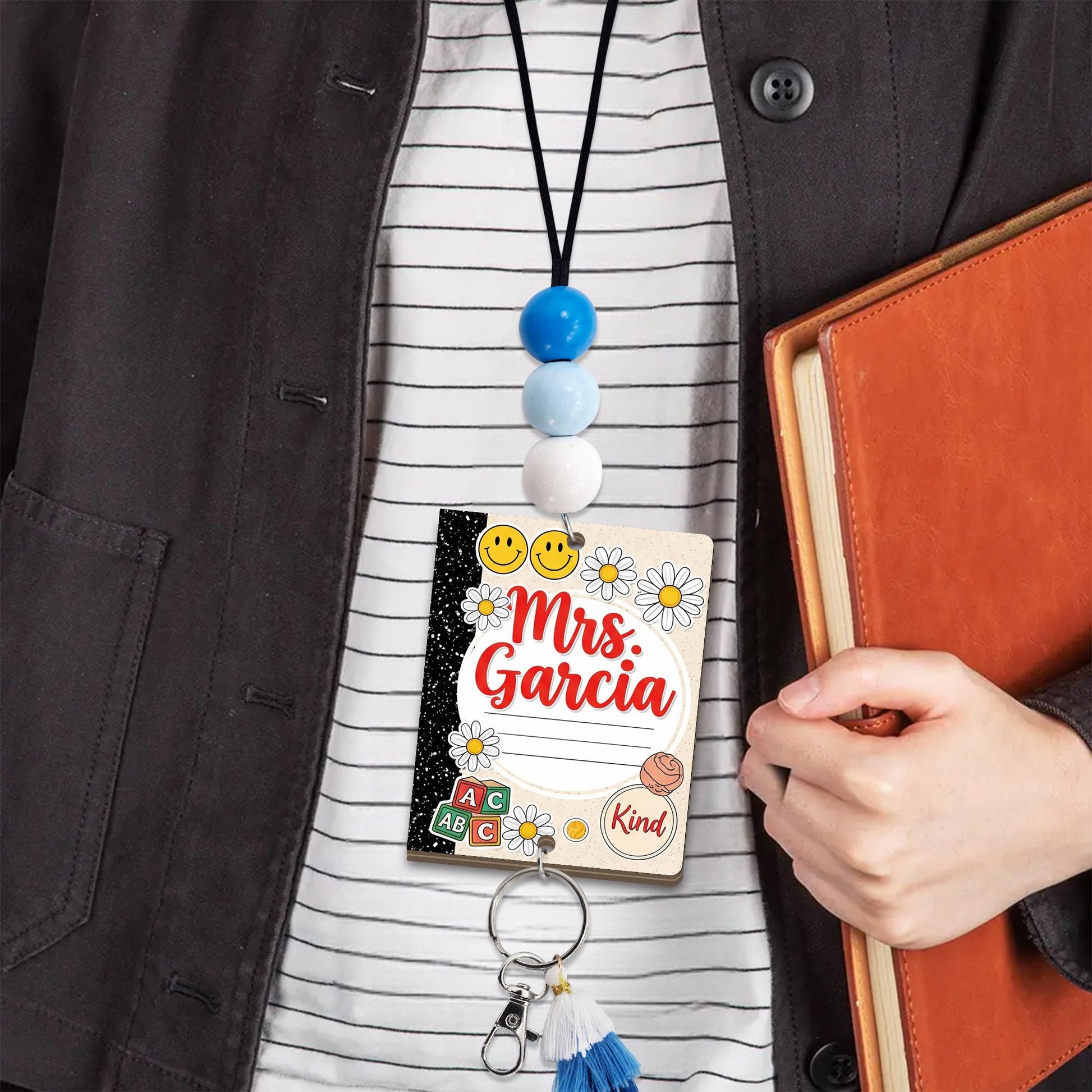 Teacher ID Badge with Beaded Lanyard, Personalized Teacher Name Tag, Cute Classroom Accessory, Back to School Gift for Educators, Lanyard