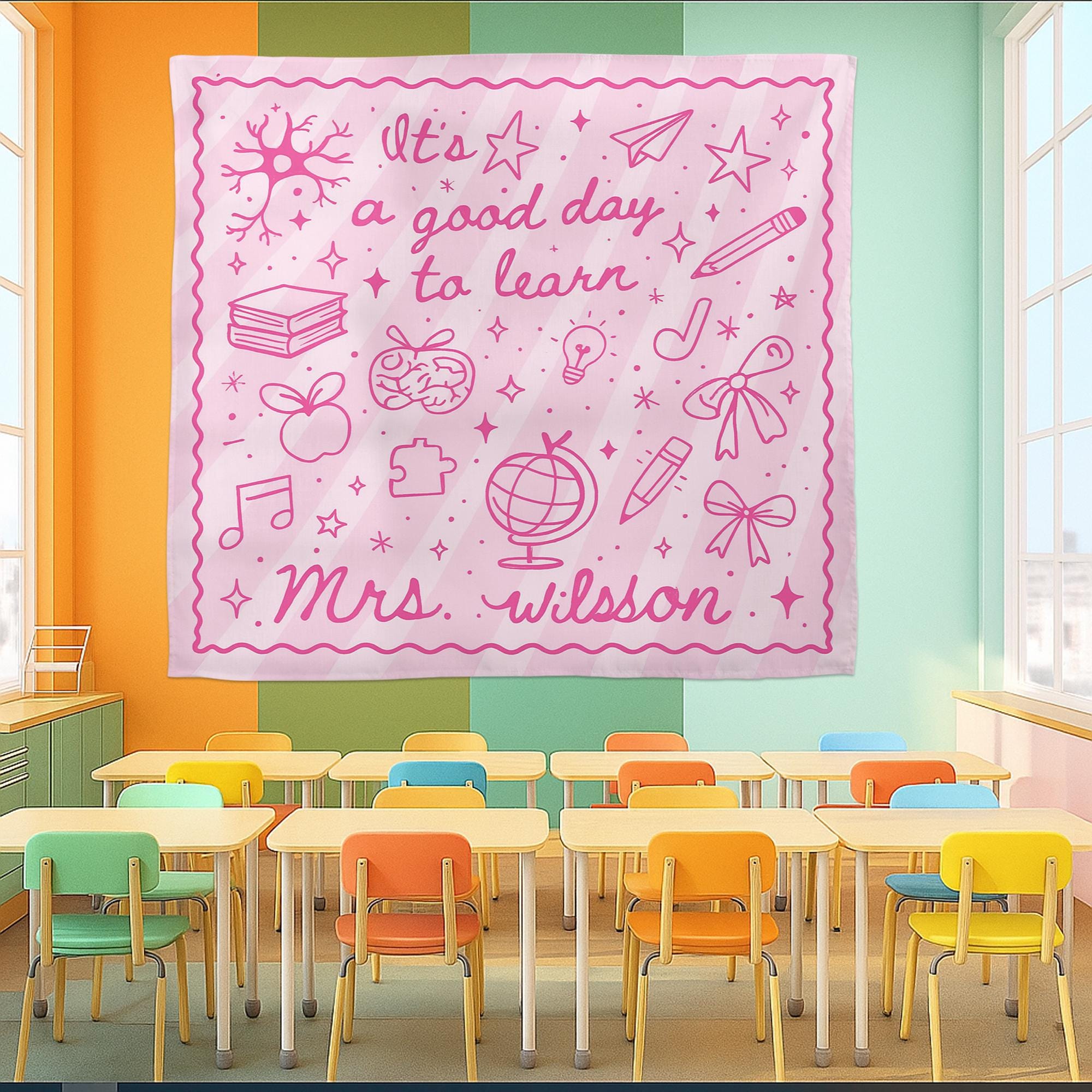 It's a Good Day to Learn Tapestry – Personalized Pink Classroom Sign for Teachers – Custom Back to School Decor with Name, Classroom Banner