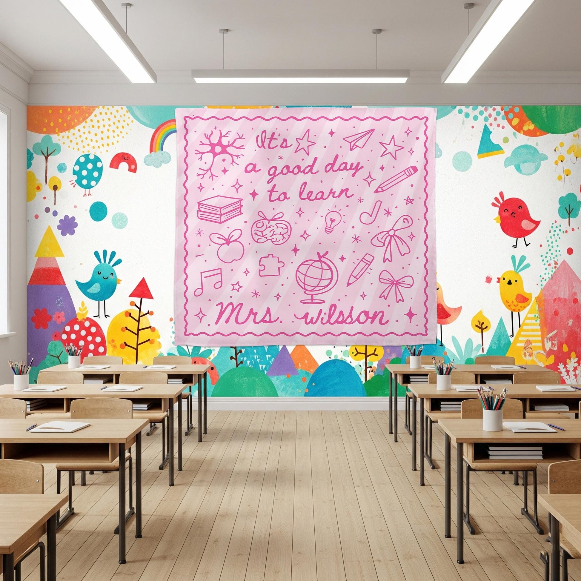 It's a Good Day to Learn Tapestry – Personalized Pink Classroom Sign for Teachers – Custom Back to School Decor with Name, Classroom Banner