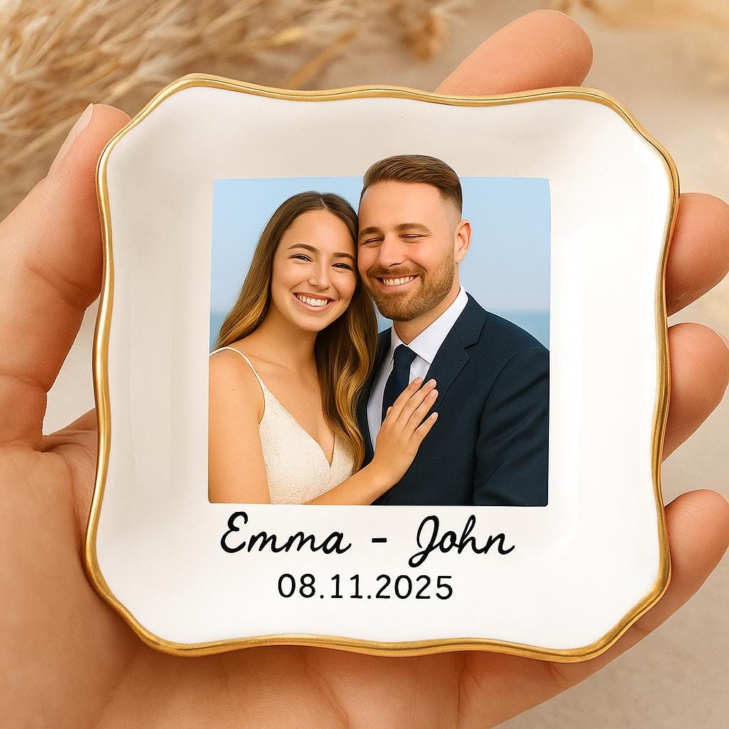 Custom Wedding Photo Jewelry Tray, Personalized Ring Dish with Couple Name & Date, Engagement or Anniversary Gift Keepsake