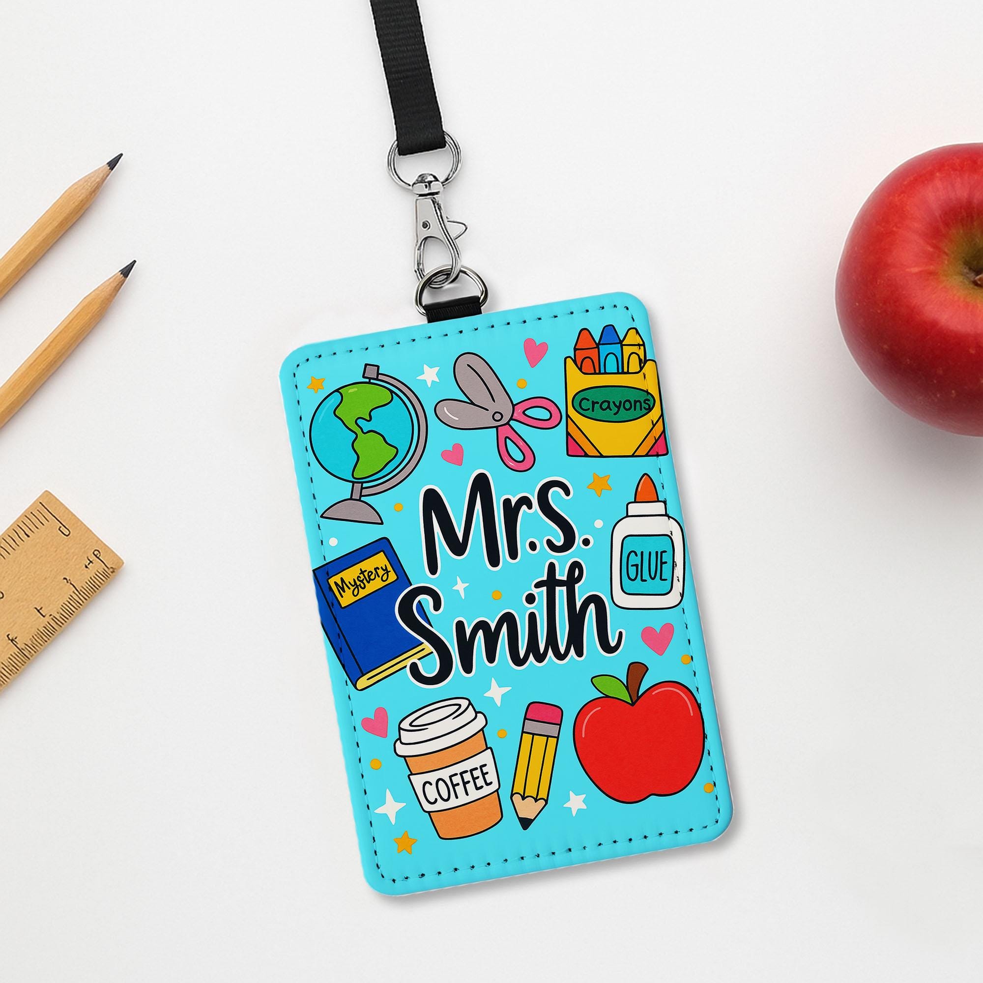 Personalized Teacher Badge Holder, Cute School Supplies ID Card Holder with Name, Custom Lanyard Gift for Teachers, Educator, Back To School