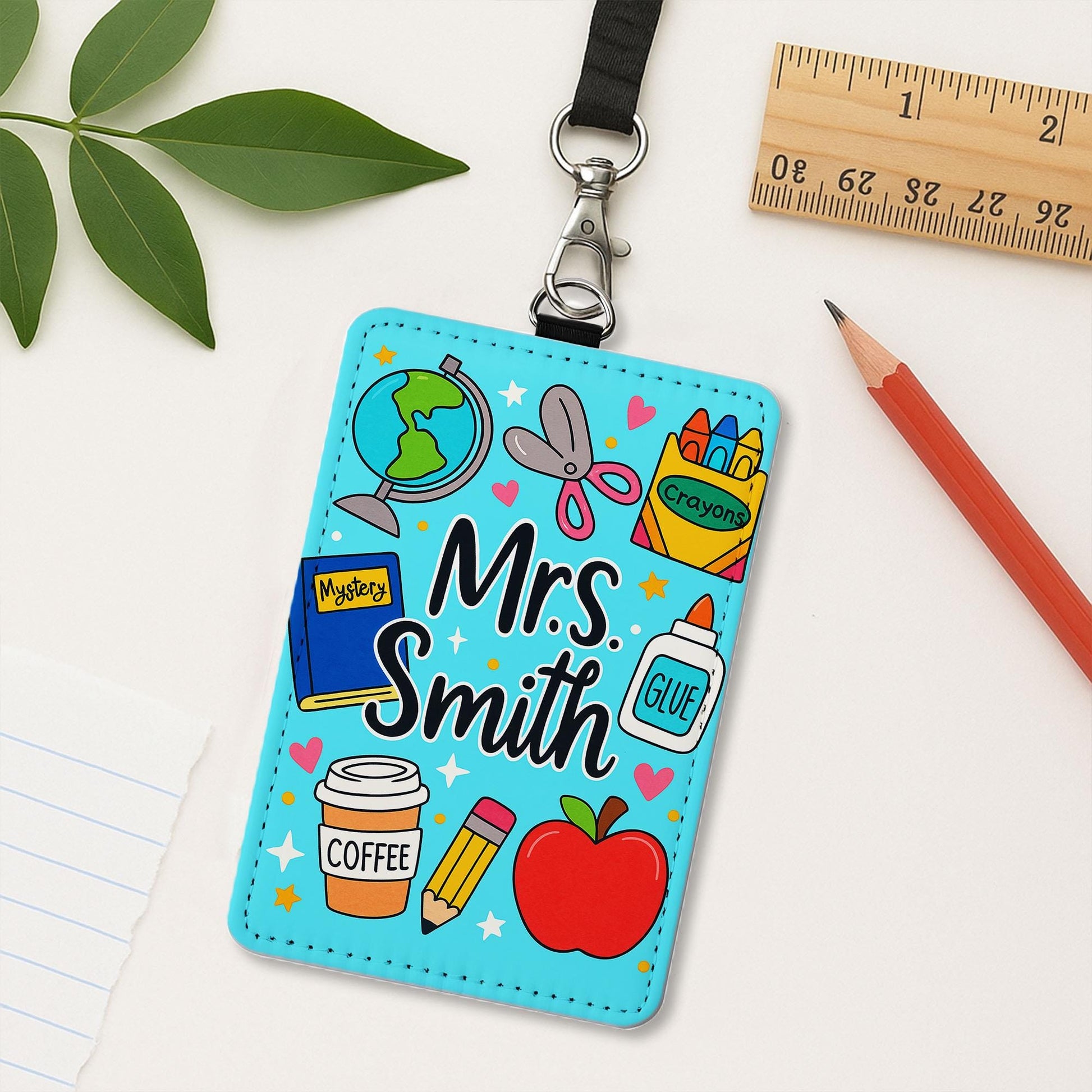Personalized Teacher Badge Holder, Cute School Supplies ID Card Holder with Name, Custom Lanyard Gift for Teachers, Educator, Back To School
