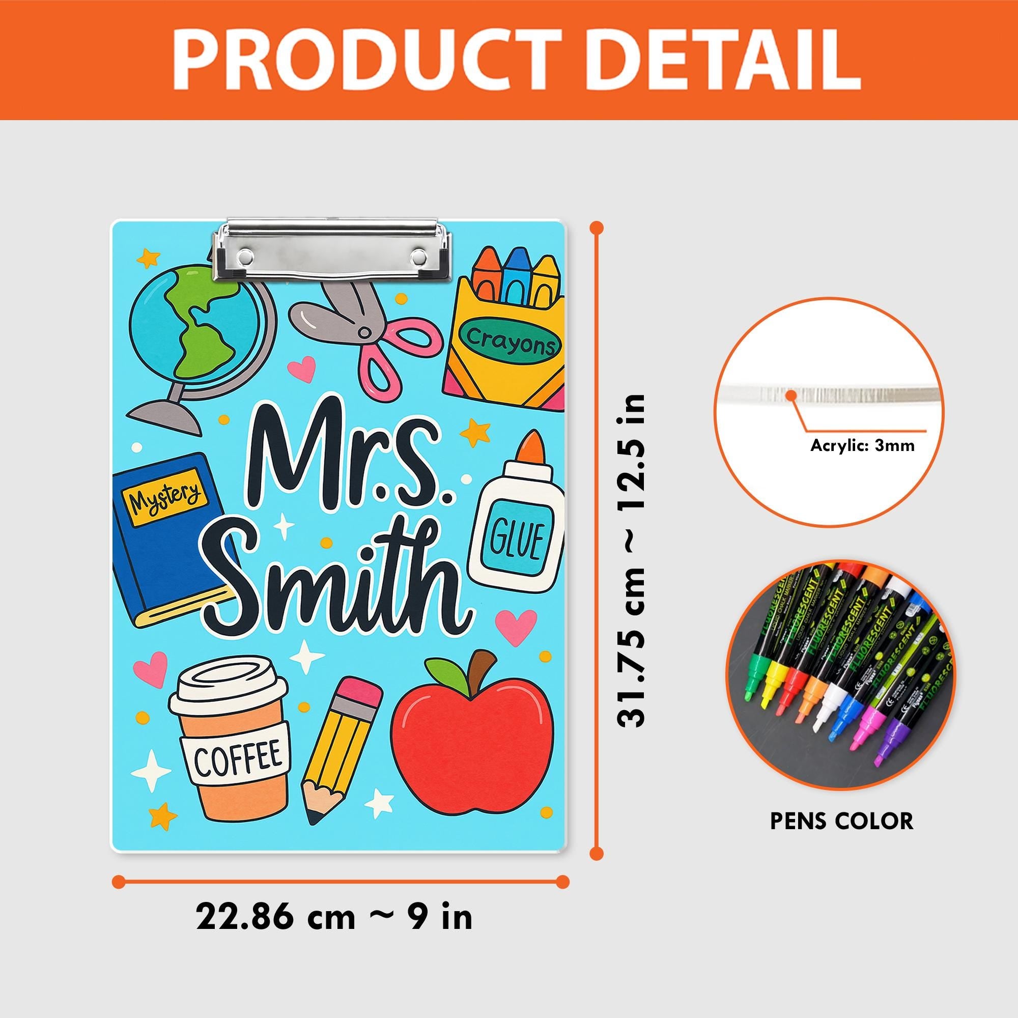 Personalized Teacher Clipboard – Cute School Supplies Design with Custom Name – Back to School Gift for Educators, Teachers, School Supplies