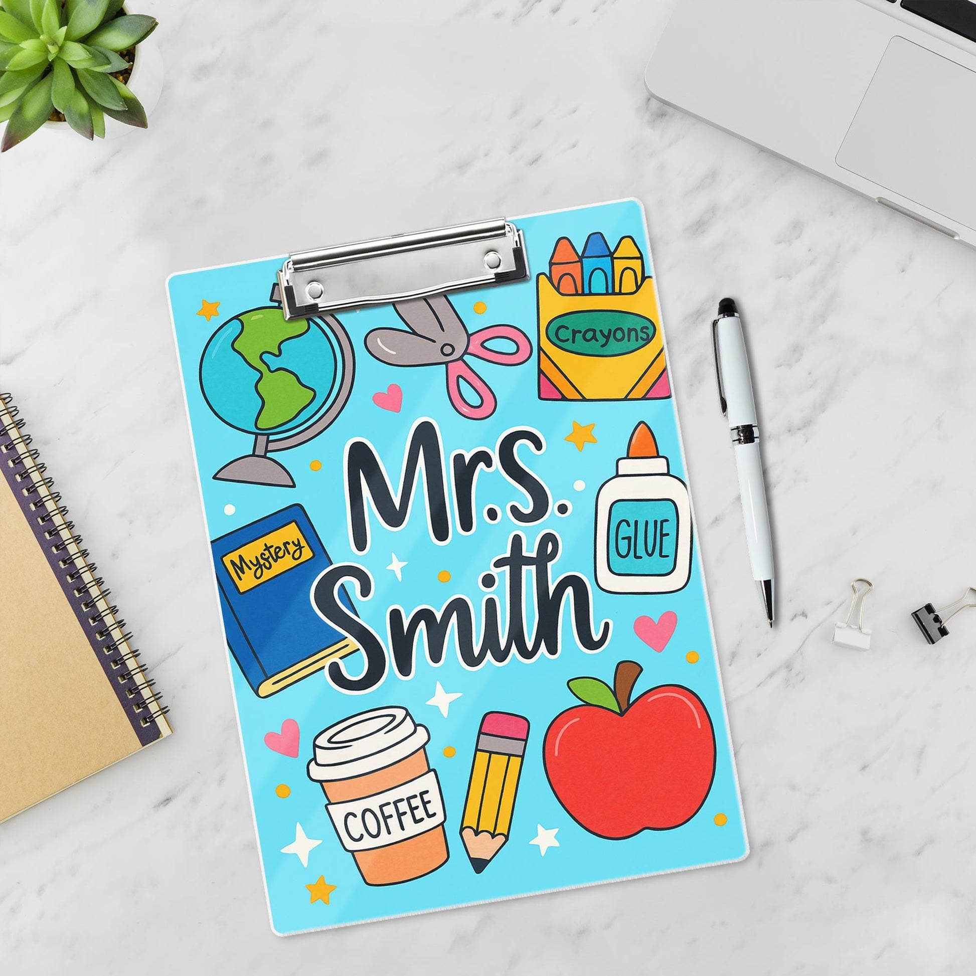Personalized Teacher Clipboard – Cute School Supplies Design with Custom Name – Back to School Gift for Educators, Teachers, School Supplies