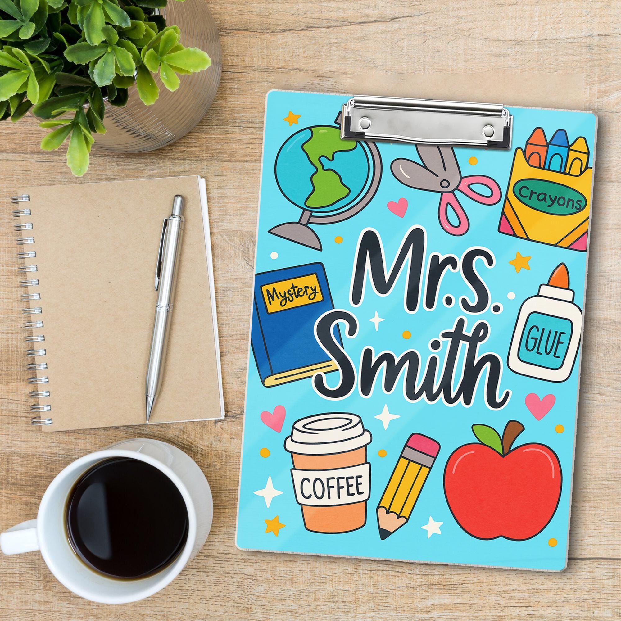 Personalized Teacher Clipboard – Cute School Supplies Design with Custom Name – Back to School Gift for Educators, Teachers, School Supplies