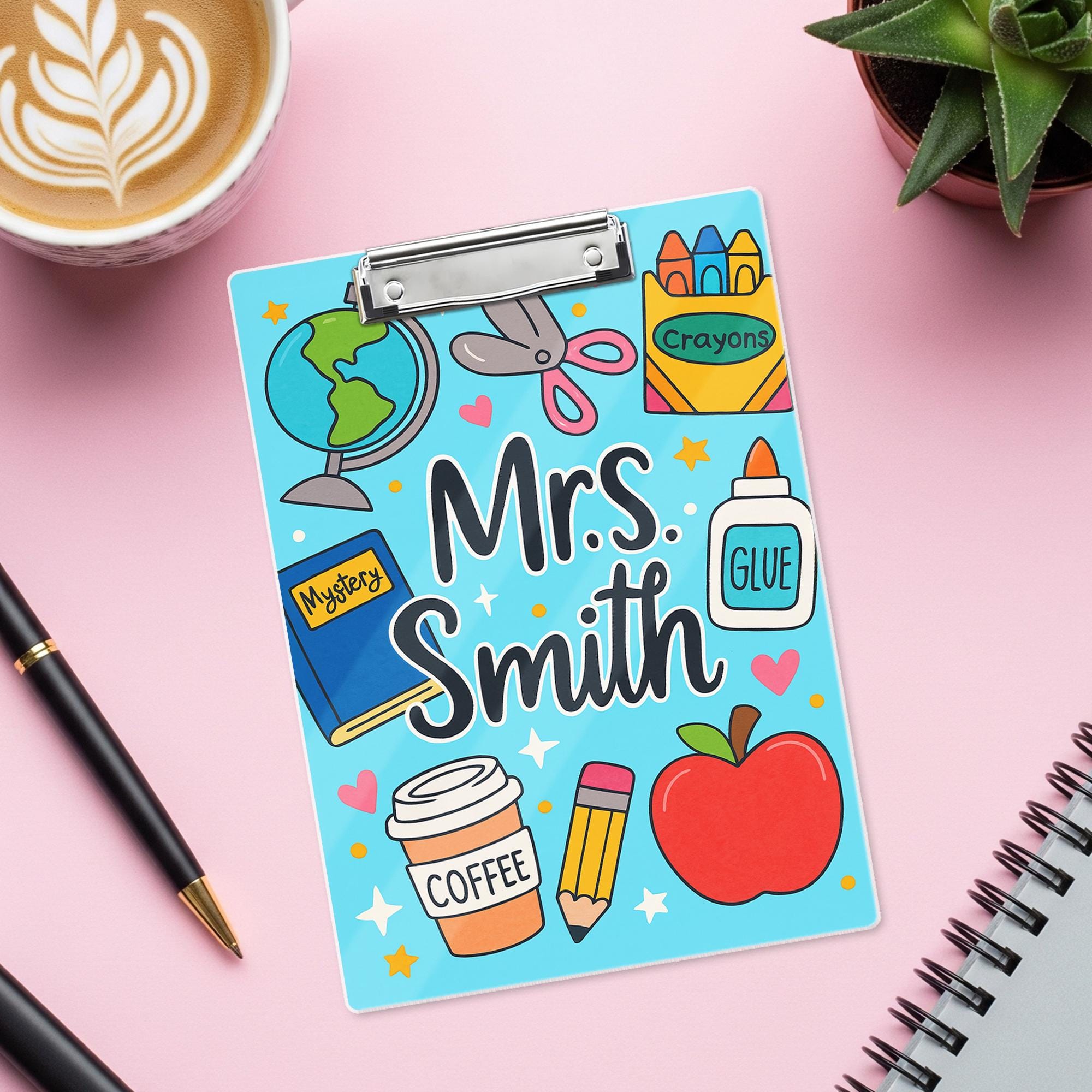 Personalized Teacher Clipboard – Cute School Supplies Design with Custom Name – Back to School Gift for Educators, Teachers, School Supplies