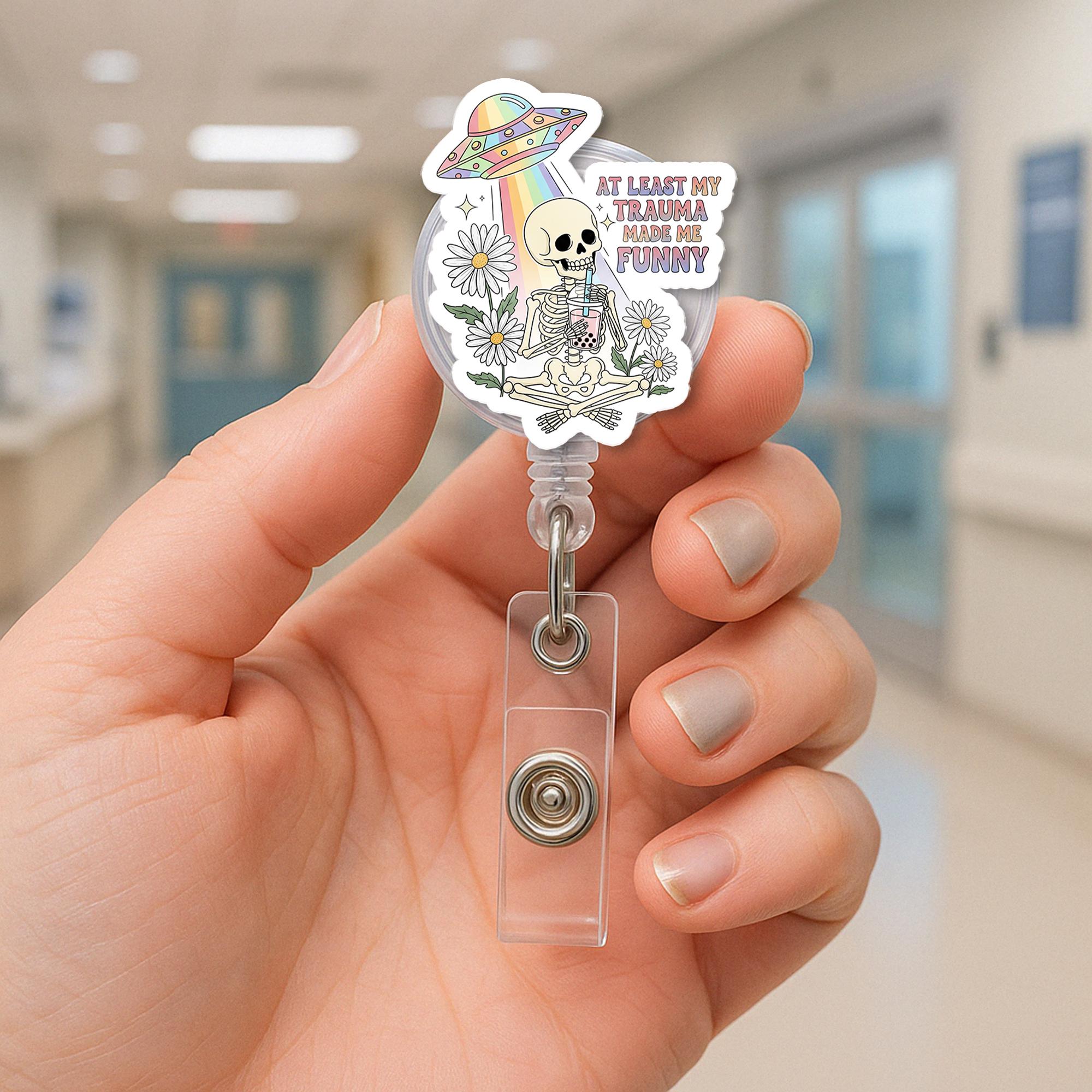 Funny Skeleton Badge Reel, Trauma Humor, Alien UFO Rainbow Retractable ID Holder, Nurse Gifts, Healthcare Worker, Cute Spooky Decal