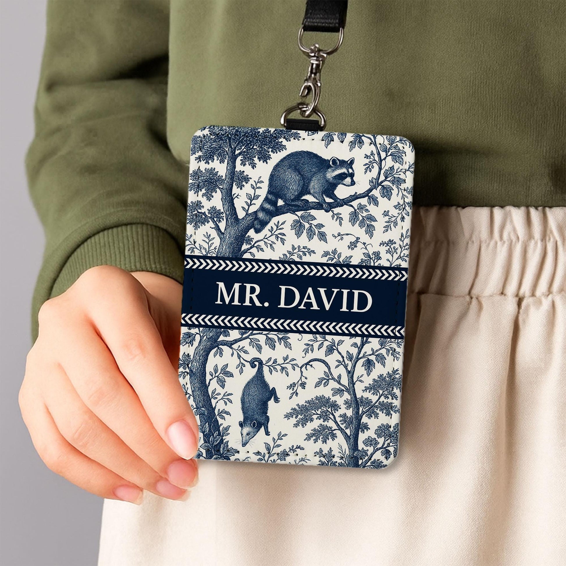 Toile De Jouy Badge Holder, Custom Teacher ID Card, Elegant Blue Vintage Lanyard Tag, Personalized Classroom Accessory, Possum Raccoon Badge