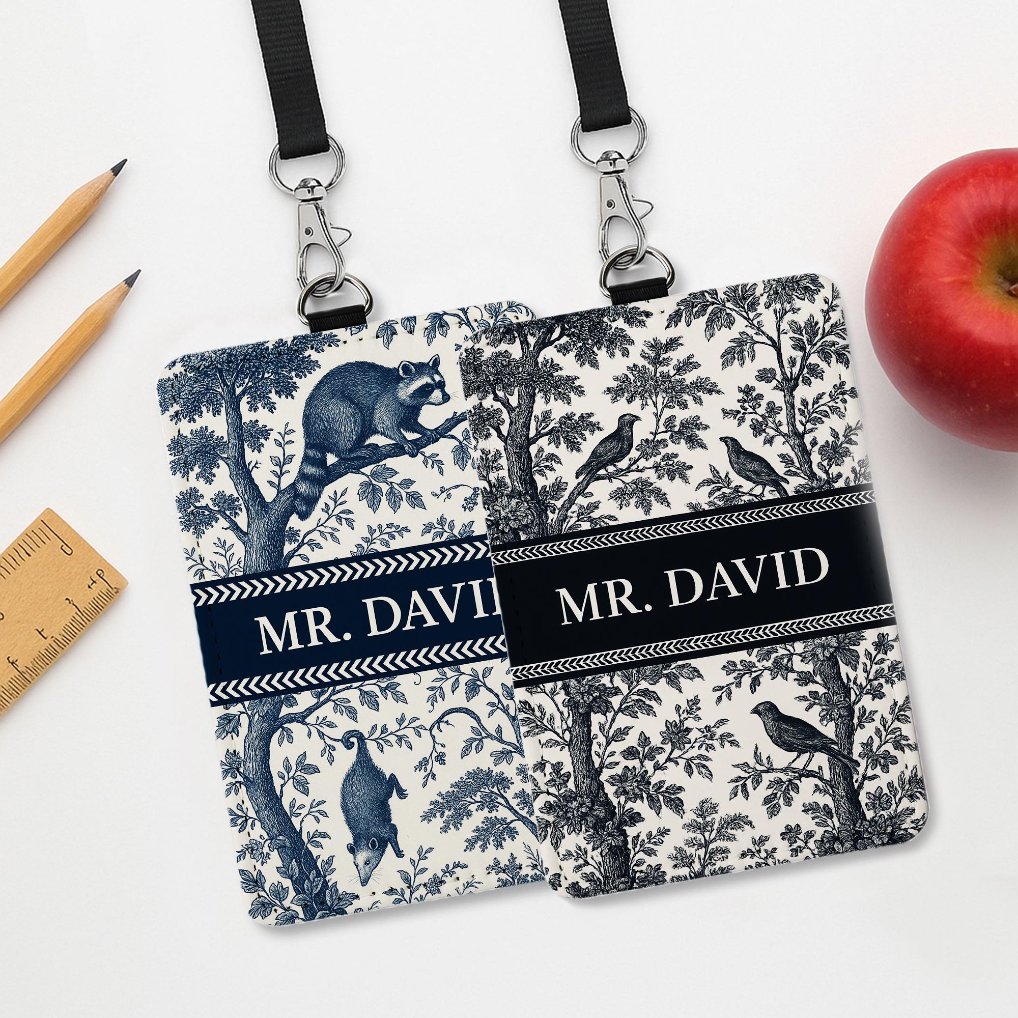 Toile De Jouy Badge Holder, Custom Teacher ID Card, Elegant Blue Vintage Lanyard Tag, Personalized Classroom Accessory, Possum Raccoon Badge