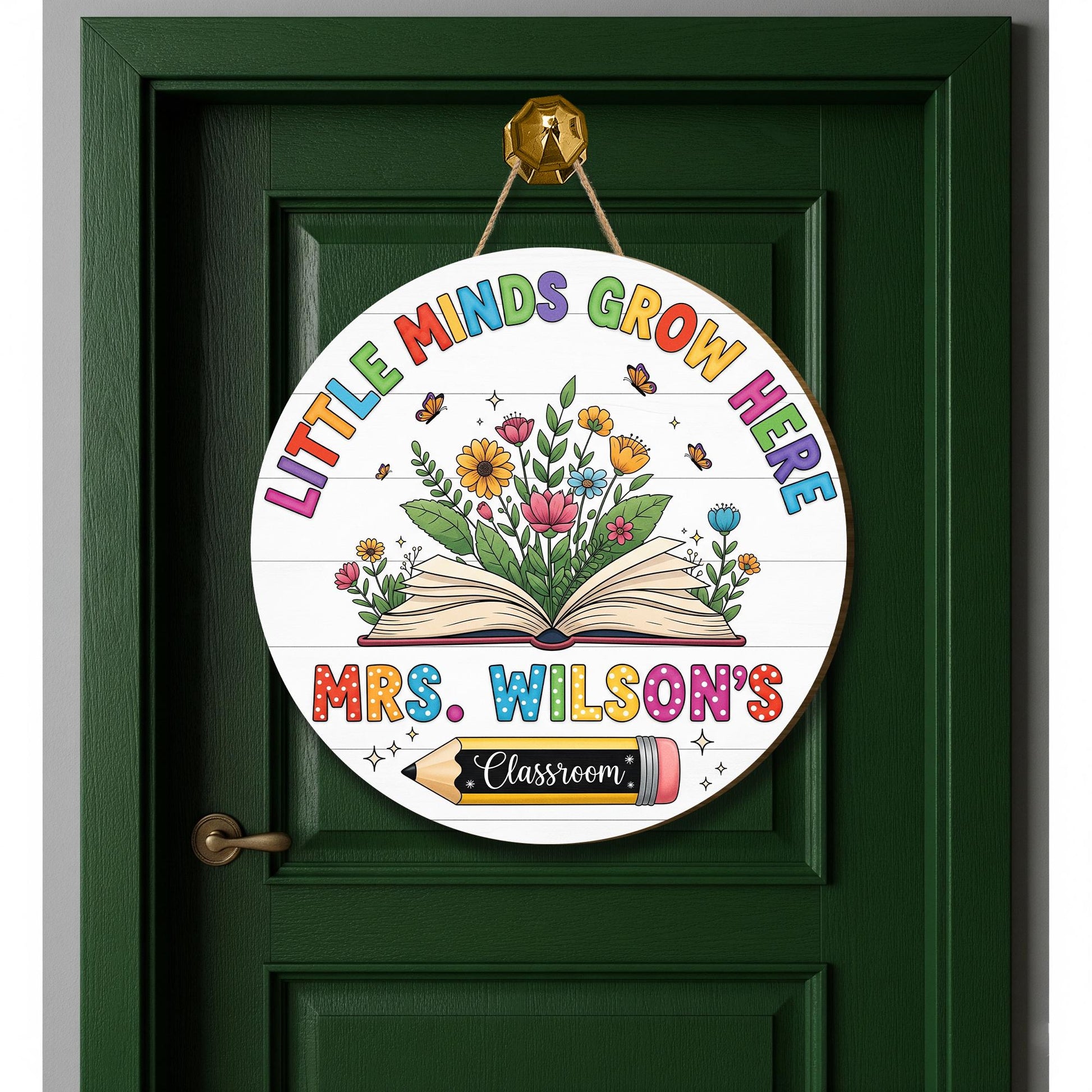 Little Minds Grow Here Classroom Sign – Personalized Round Teacher Door Sign with Name – Floral Back to School Decor, Teacher Welcome Sign
