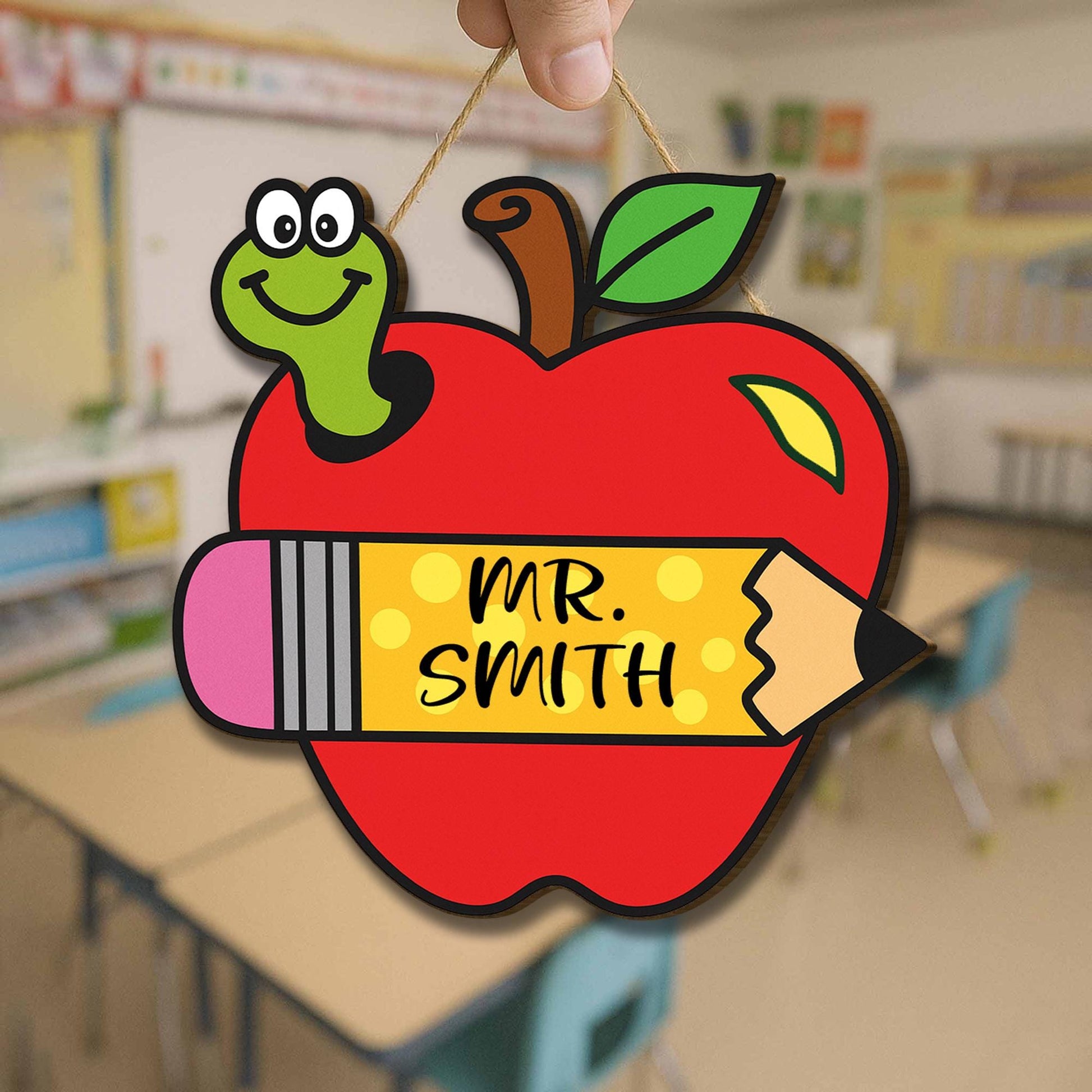 Personalized Apple Teacher Door Sign – Custom Elementary Classroom Sign with Name and Pencil – Back to School Decor for Teachers, Educators