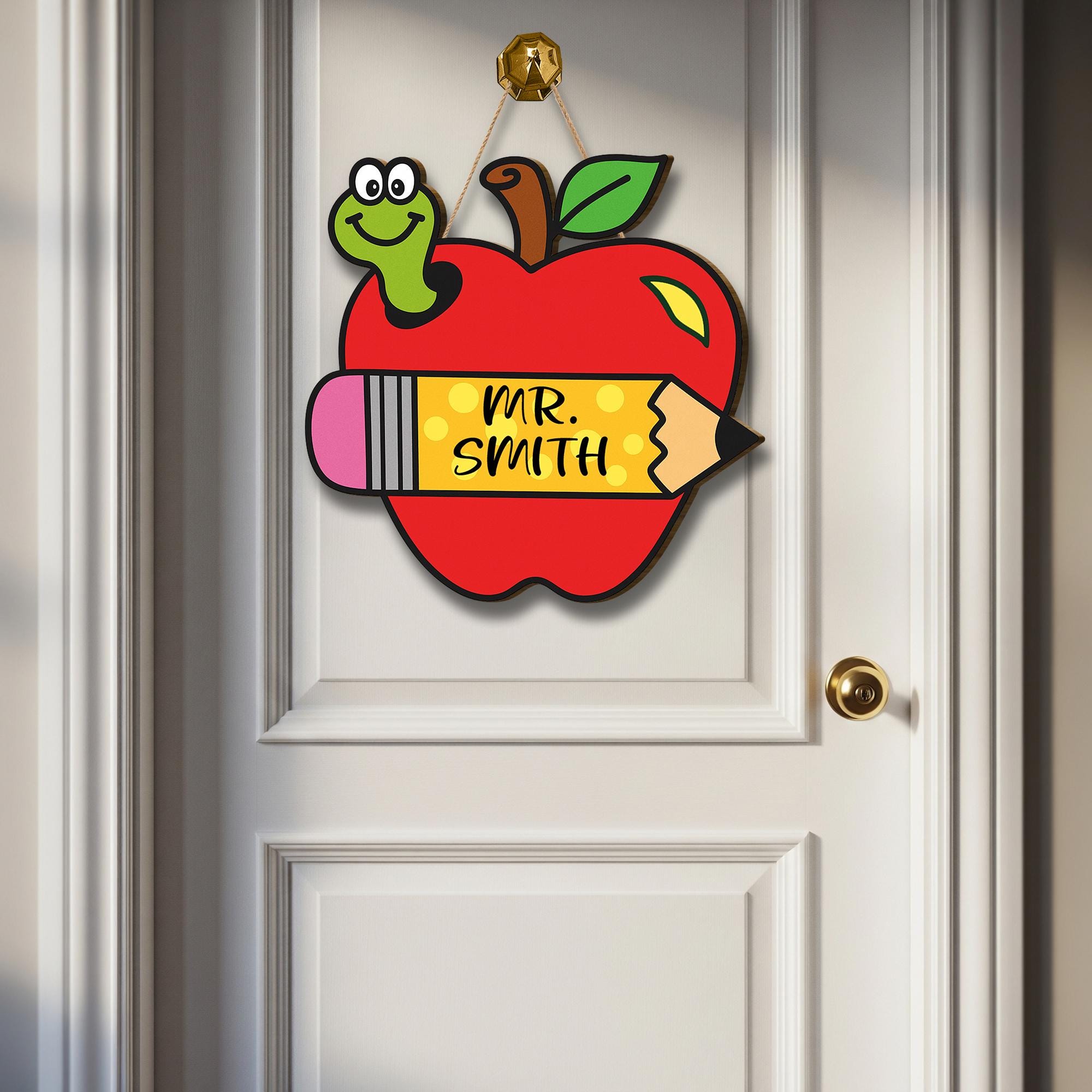 Personalized Apple Teacher Door Sign – Custom Elementary Classroom Sign with Name and Pencil – Back to School Decor for Teachers, Educators