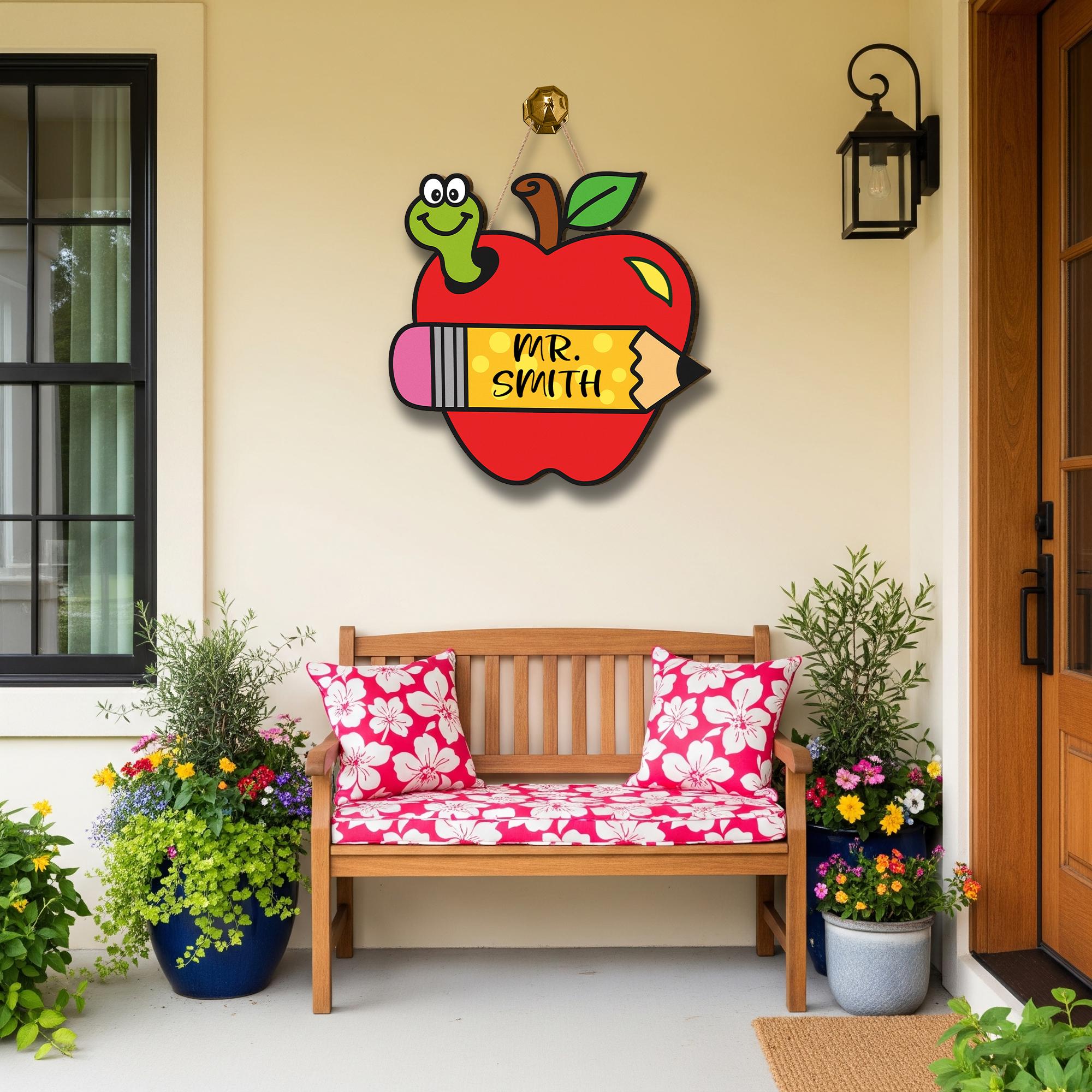 Personalized Apple Teacher Door Sign – Custom Elementary Classroom Sign with Name and Pencil – Back to School Decor for Teachers, Educators