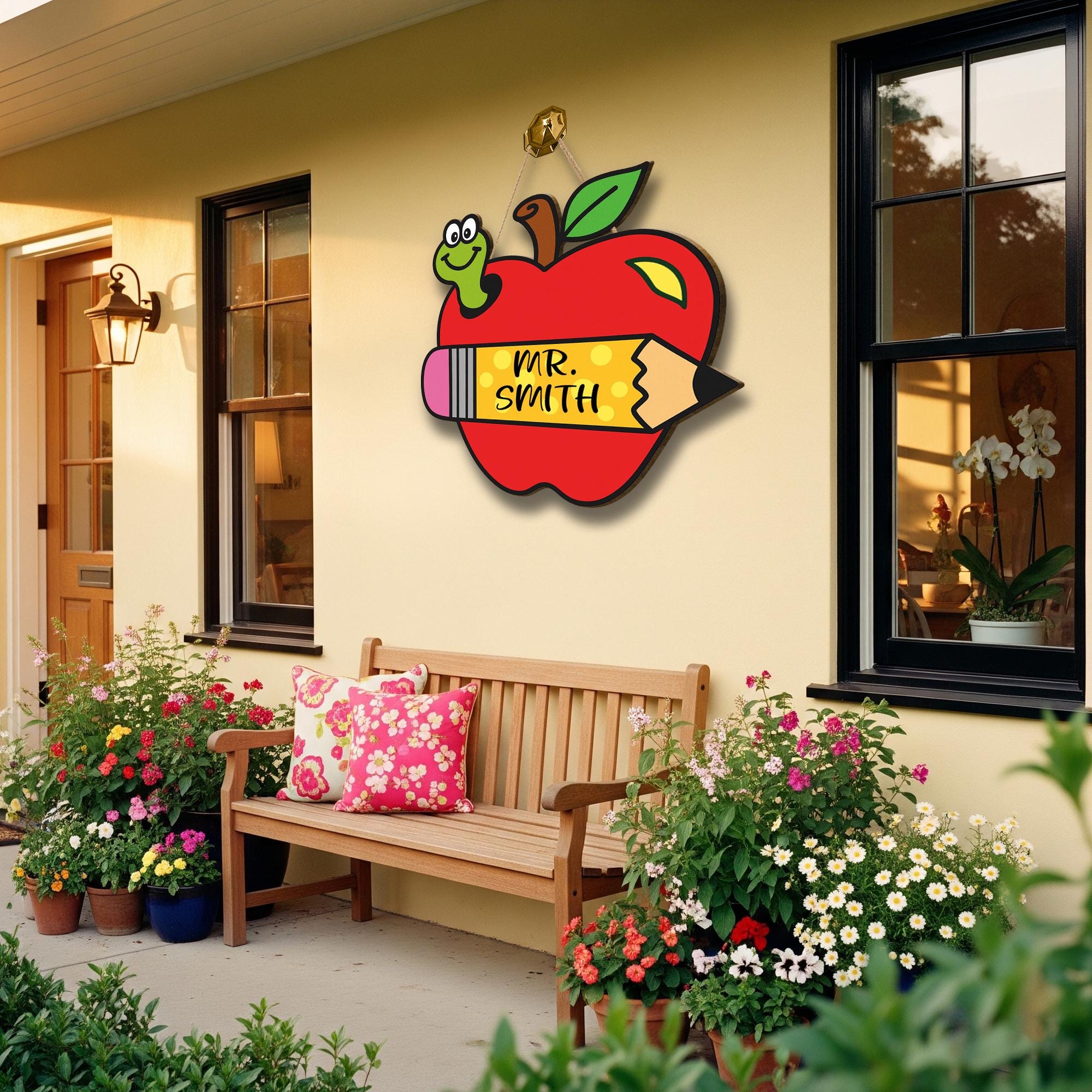 Personalized Apple Teacher Door Sign – Custom Elementary Classroom Sign with Name and Pencil – Back to School Decor for Teachers, Educators