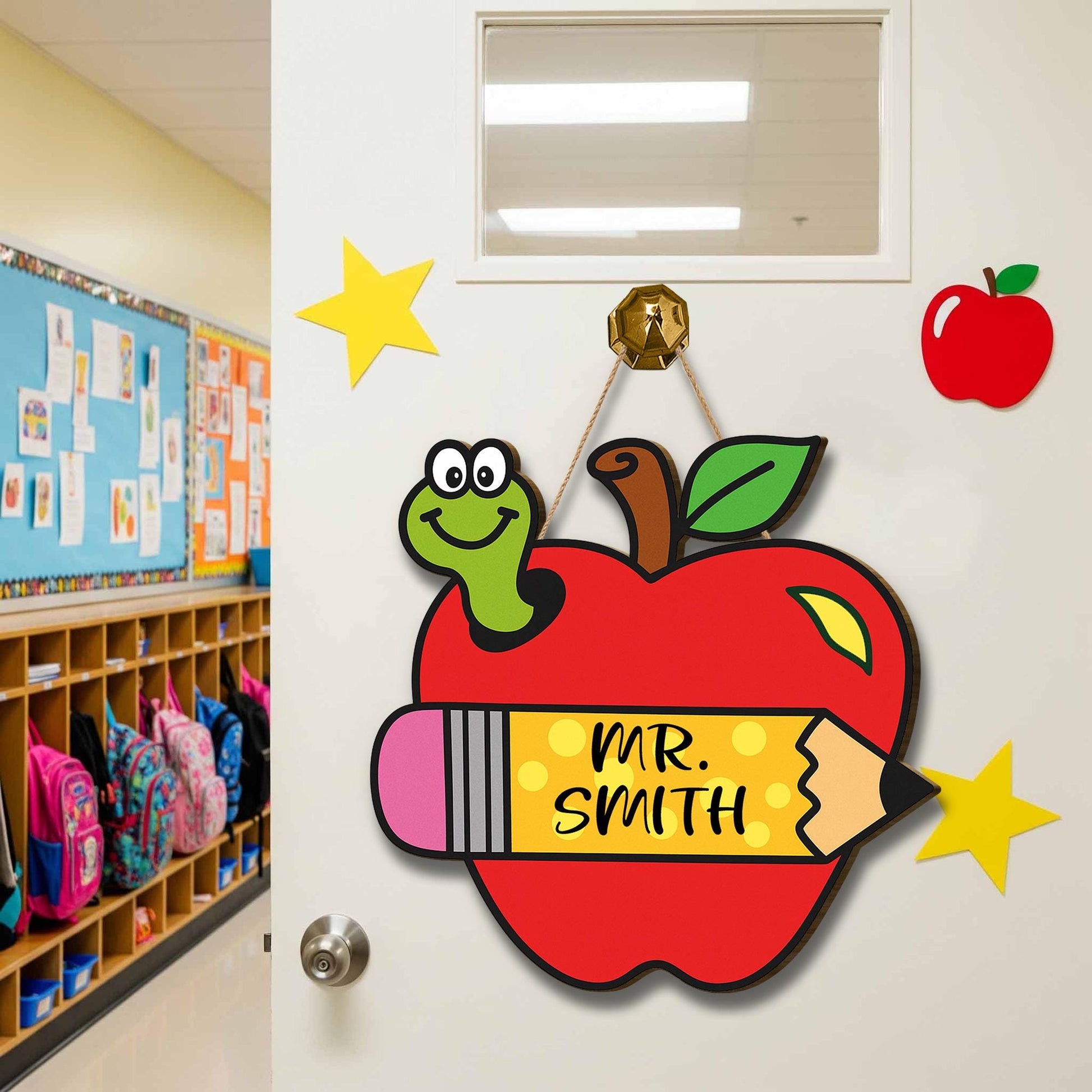 Personalized Apple Teacher Door Sign – Custom Elementary Classroom Sign with Name and Pencil – Back to School Decor for Teachers, Educators