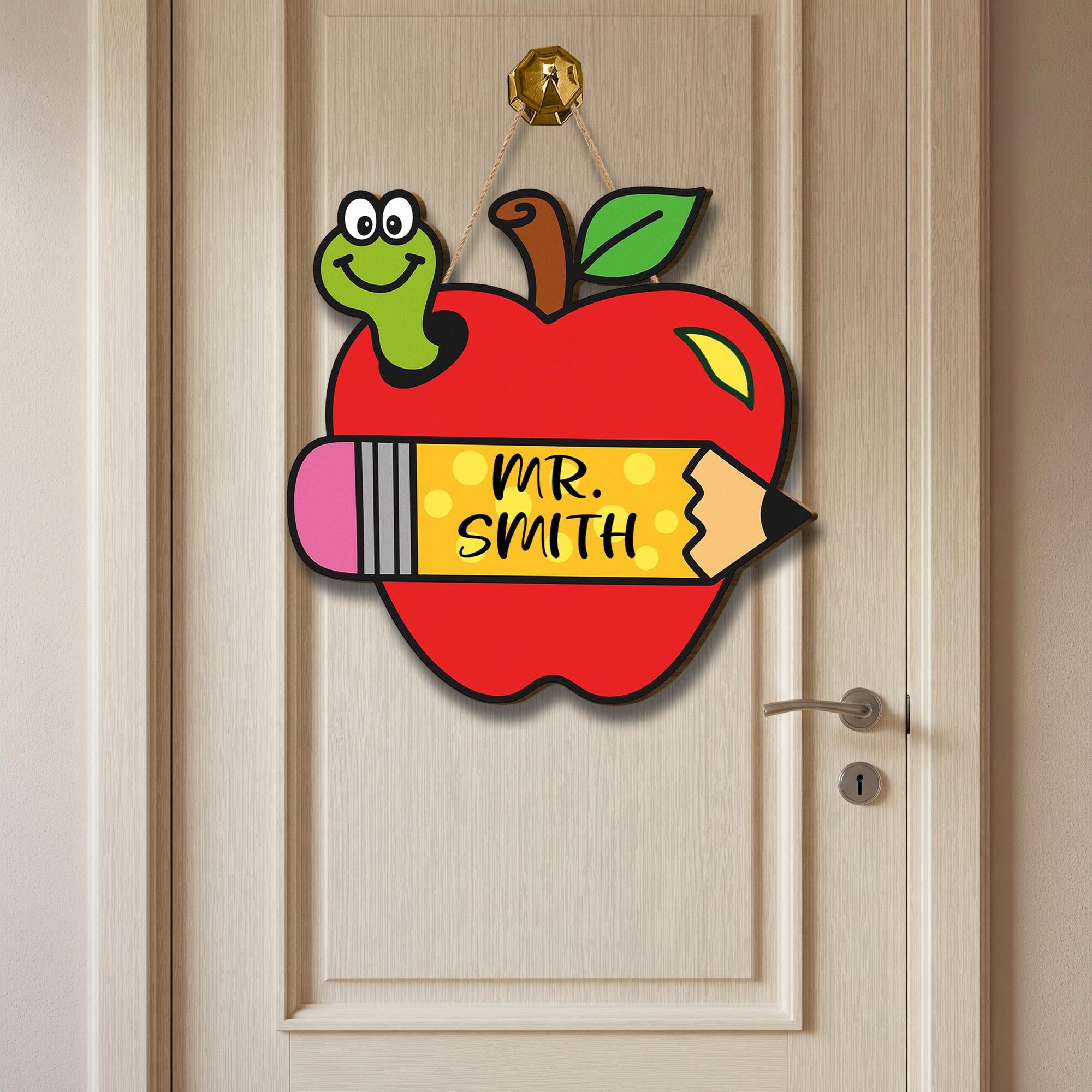 Personalized Apple Teacher Door Sign – Custom Elementary Classroom Sign with Name and Pencil – Back to School Decor for Teachers, Educators