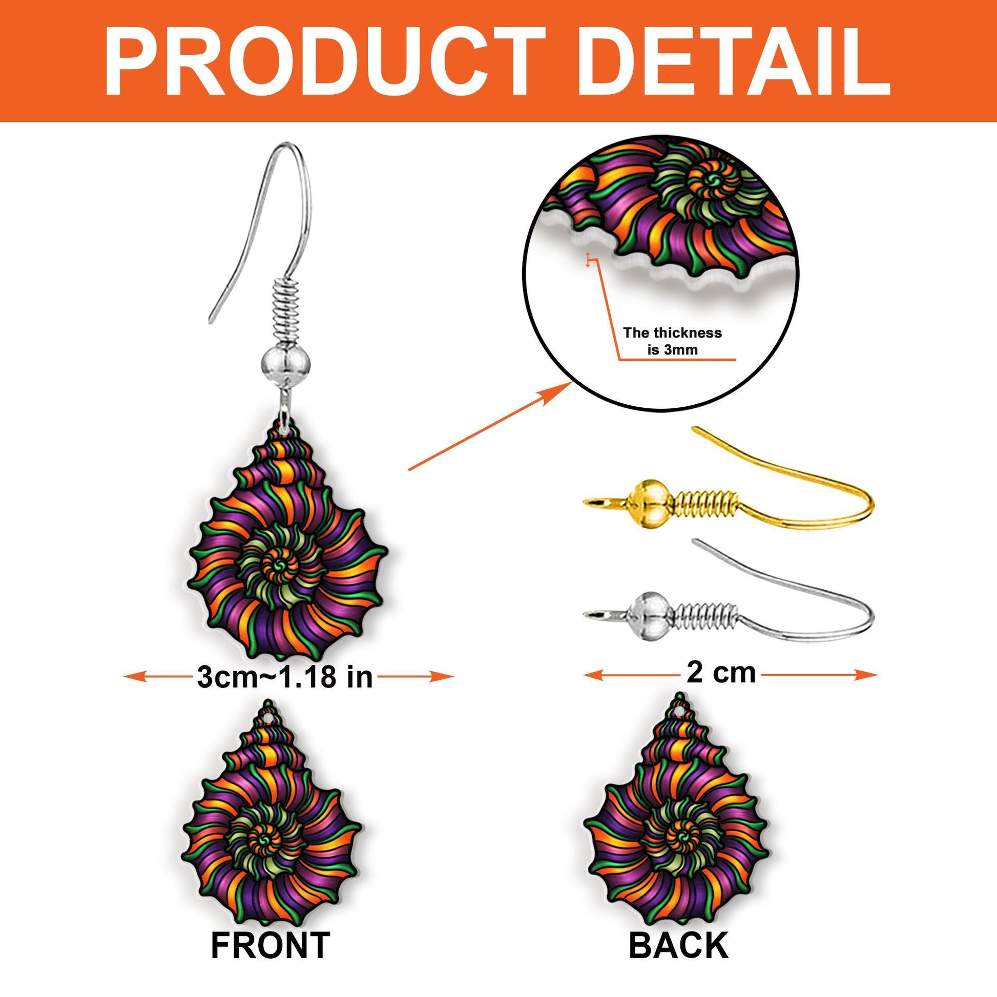 Vibrant Spiral Shell Earrings, Colorful Geometric Ocean Jewelry, Unique Summer Beach Dangles, Hypoallergenic Fish Hook, Gift for Her