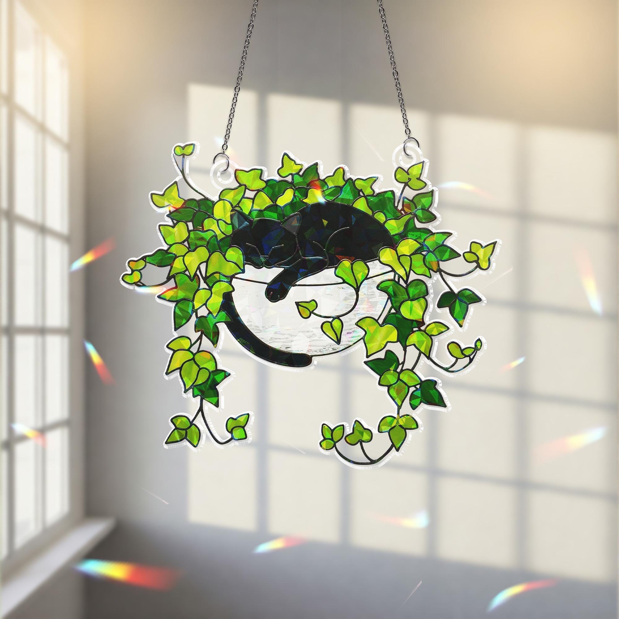 Black Cat Sleeping on Ivy Hologram Ornament, Cat ACRYLIC Window Hanging, Plant Lover Gift, Ivy Plants Decor, Cozy Cat Decor, Gift For Mom